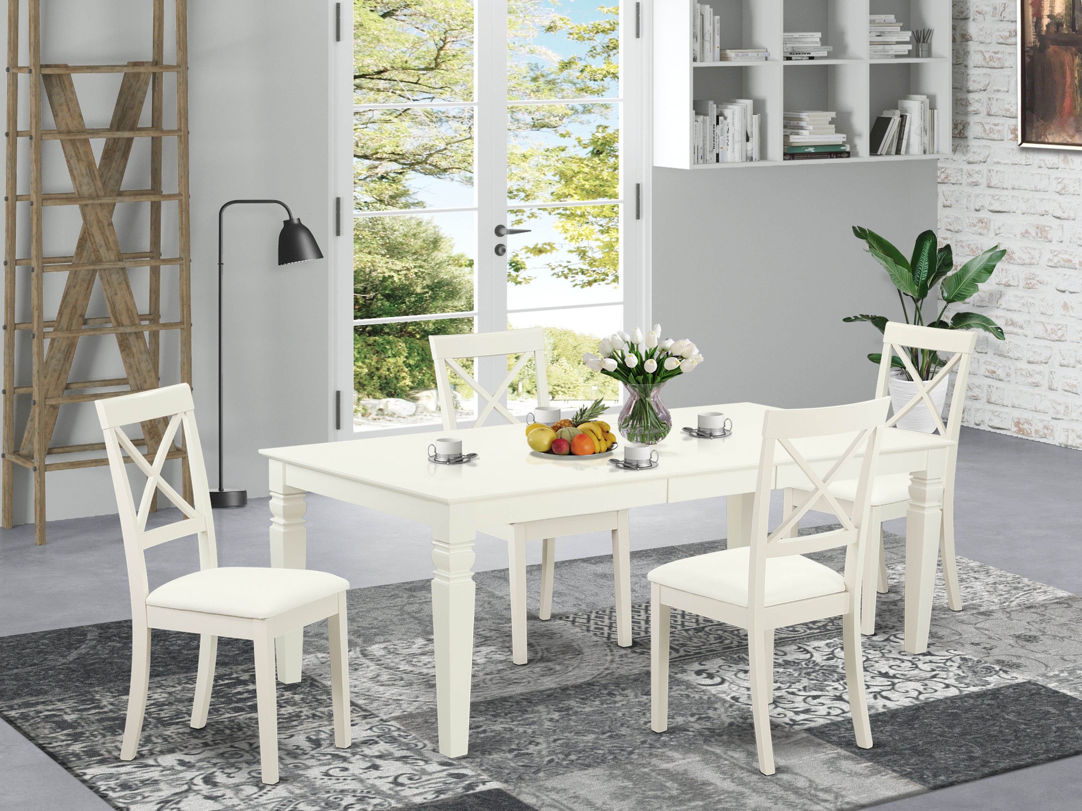 LGBO5-LWH-LC 5 Pc Dining Room Set With A Single Logan Table And 4 faux leather seat Chairs In Linen White Color.