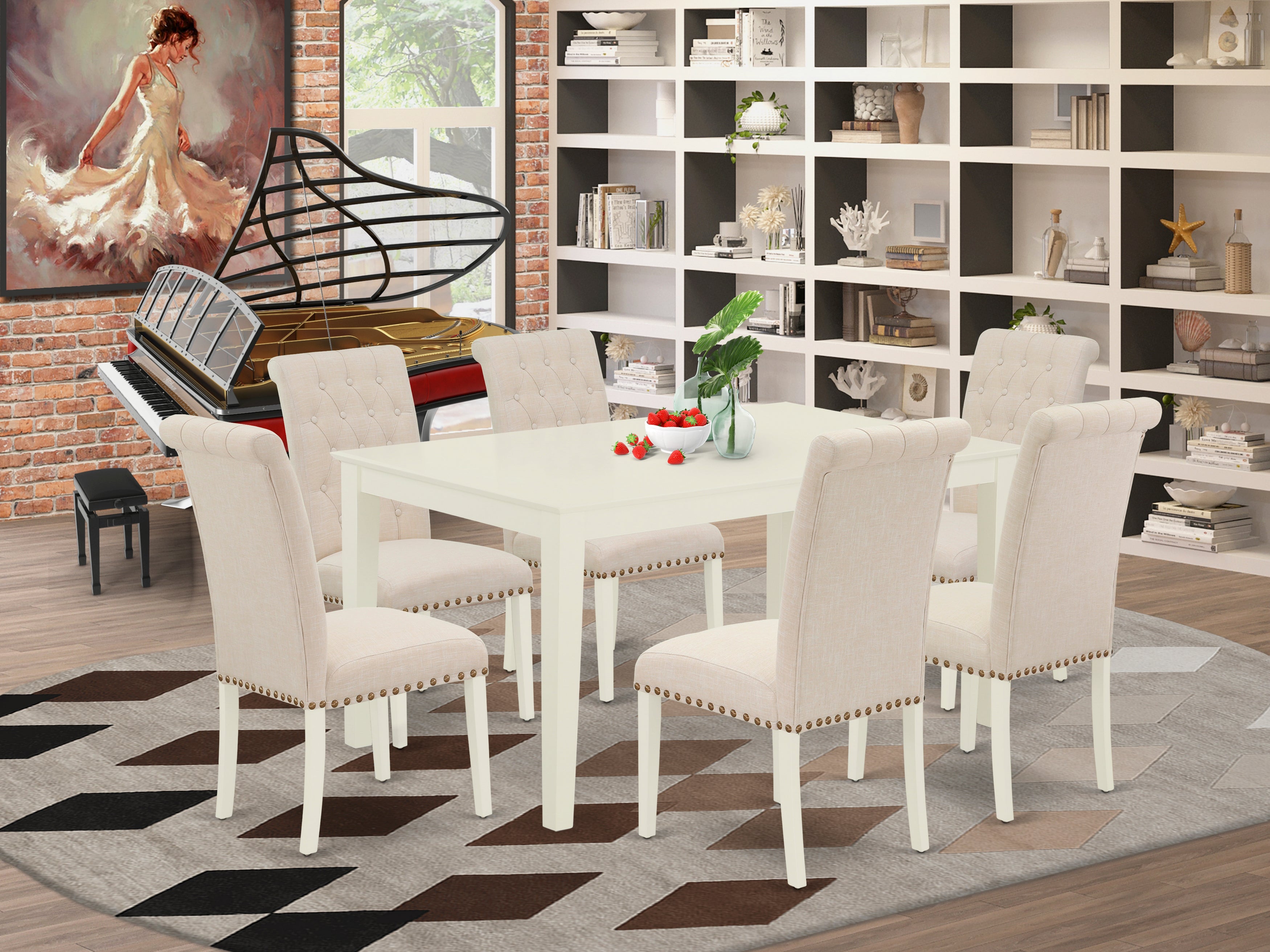 CABR7-LWH-02 7Pc Dinette Set Includes a Rectangular Kitchen Table and Six Parson Chairs with Light Beige Fabric, Linen White Finish