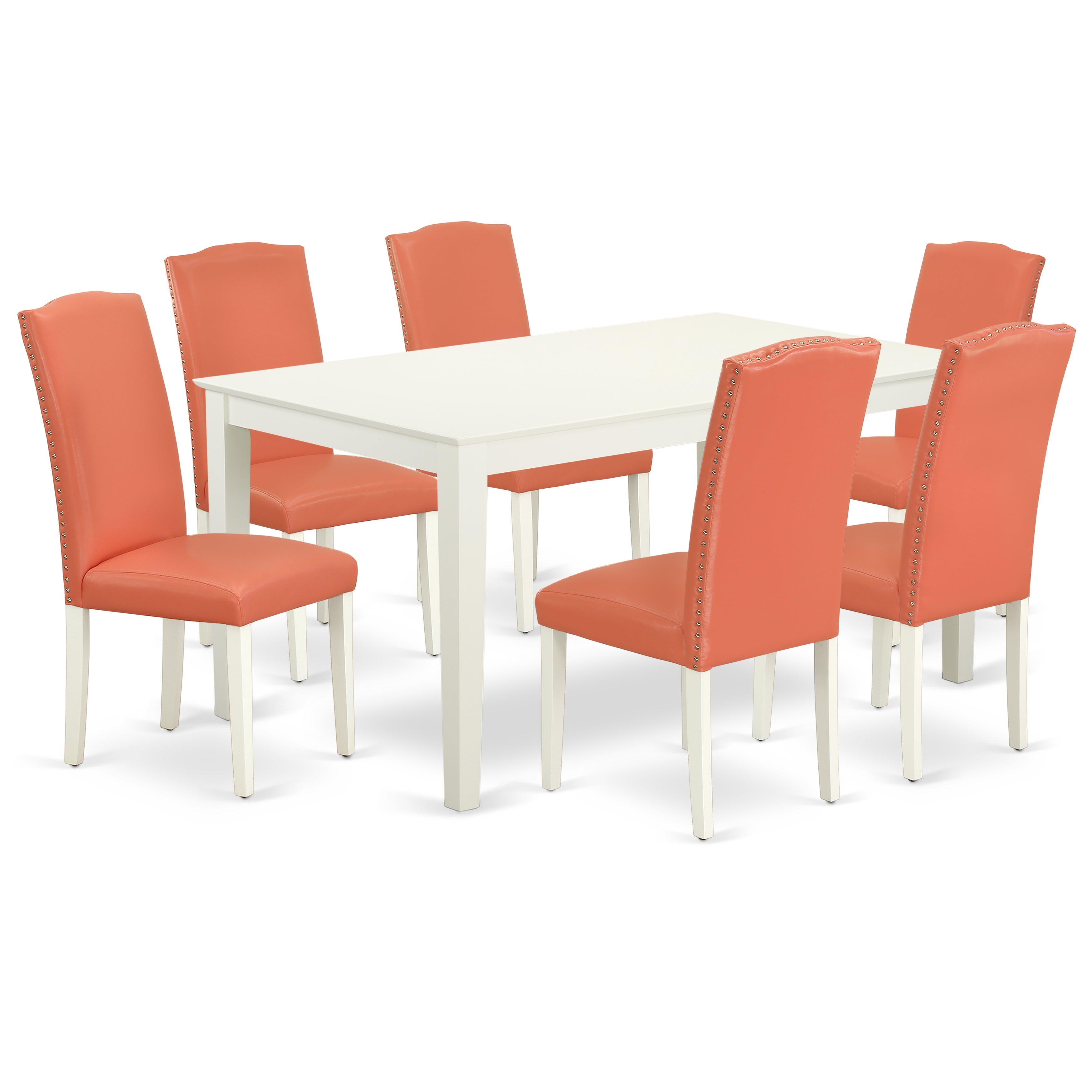 CAEN7-LWH-78 7Pc Rectangle 60" Dining Table And 6 Parson Chair With Linen White Leg And Pu Leather Color Pink Flamingo