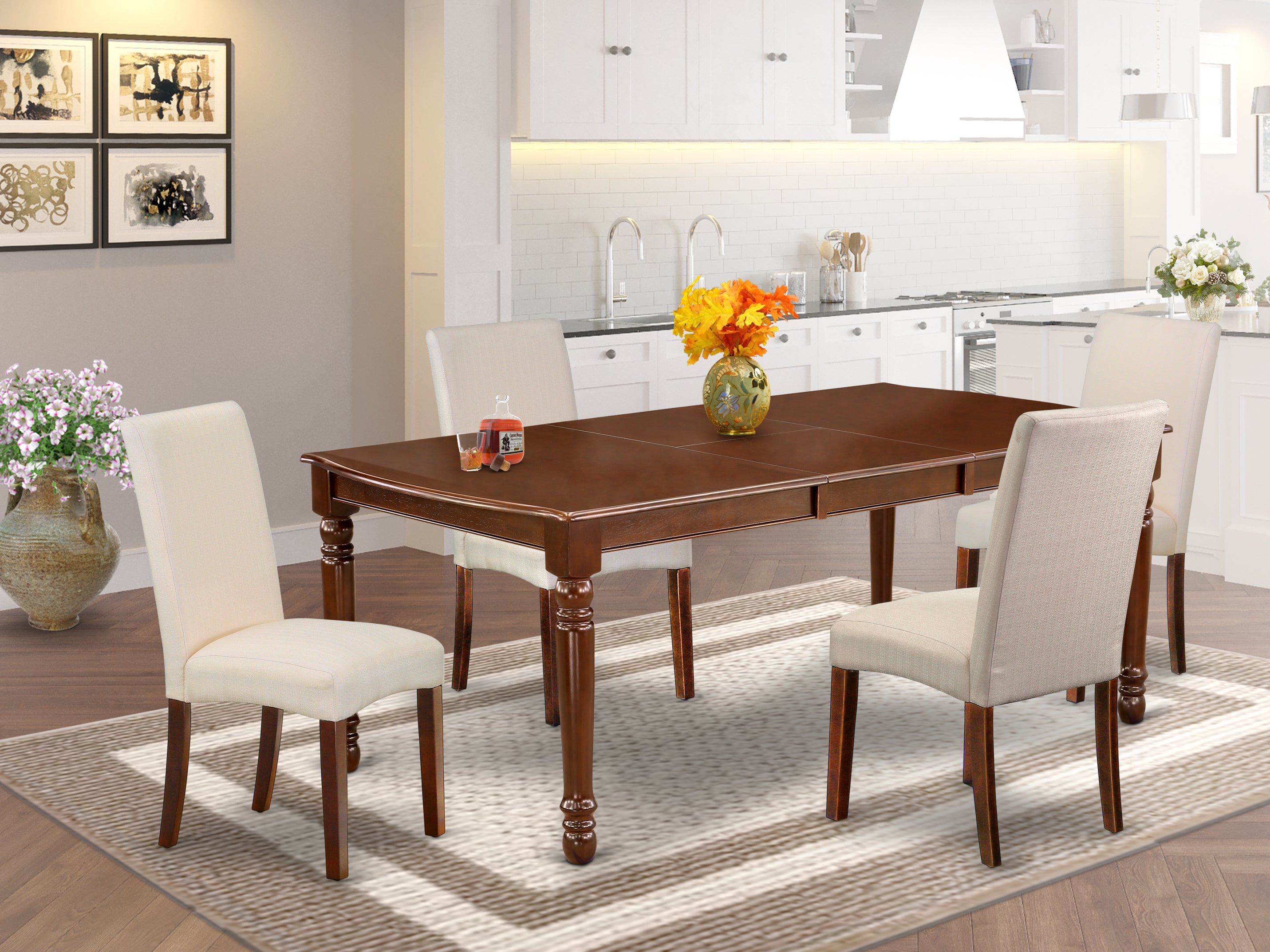 DODR5-MAH-01 5Pc Rectangular 60/78" Table With 18 In Leaf And Four Parson Chair With Mahogany Finish Leg And Linen Fabric- Cream Color