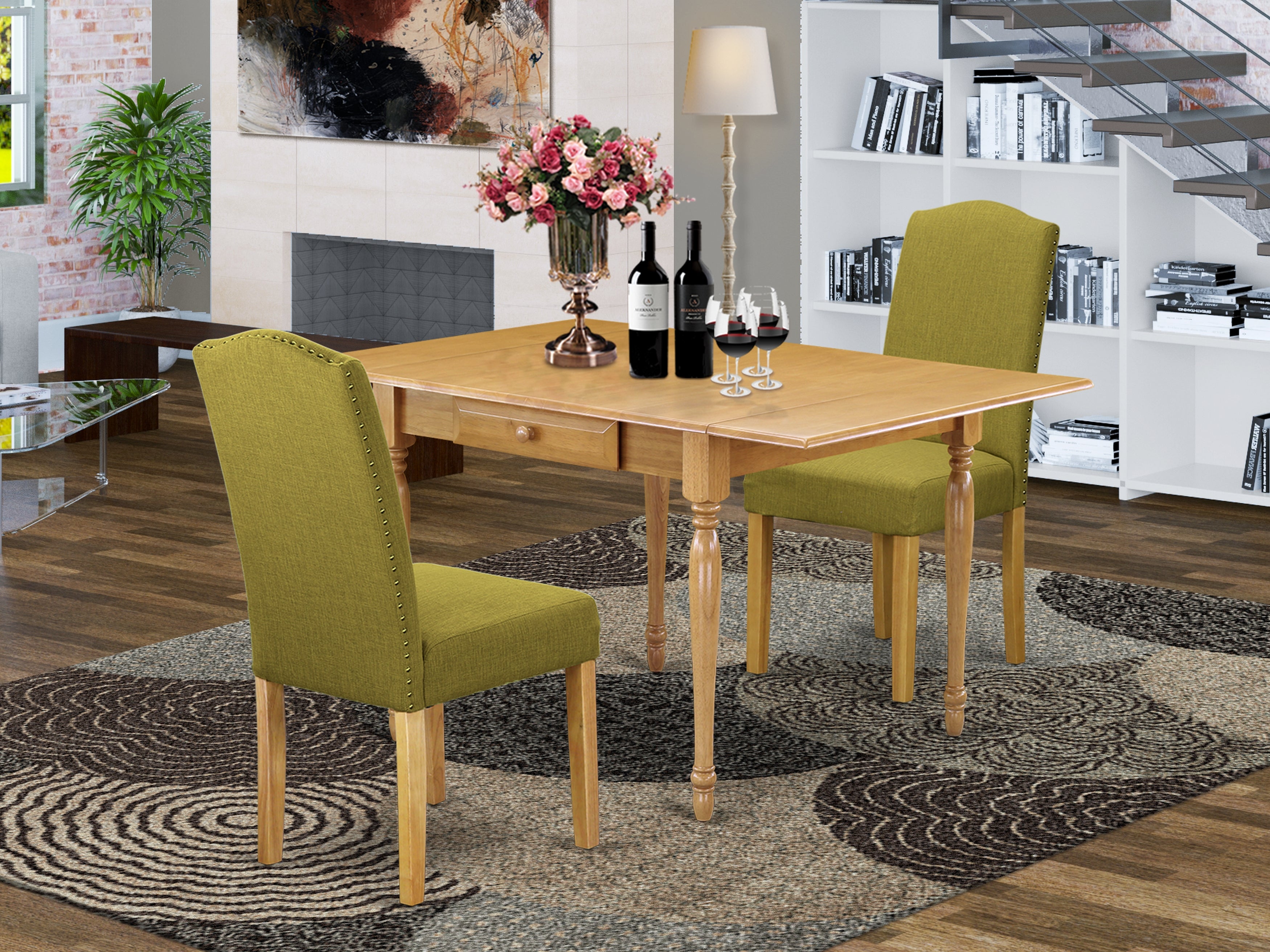 East West Furniture MZEN3-OAK-08 3Pc Kitchen Set Offers a Small Table and 2 Parsons Chairs with Light Pickle Color Linen Fabric, Drop Leaf Table with Full Back Chairs, Oak Finish