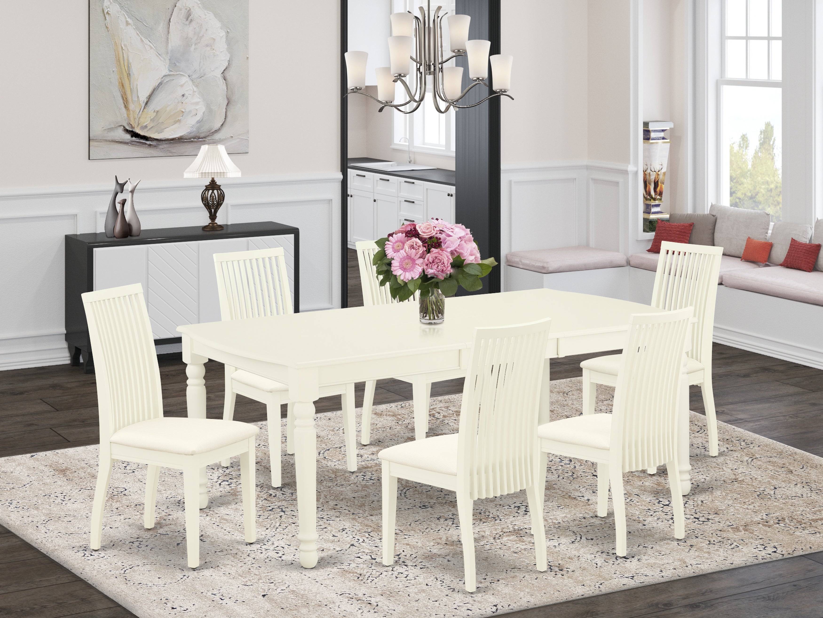 DOIP7-LWH-C 7Pc Dinette Set Includes a Rectangular Kitchen Table with Butterfly Leaf and Six Microfiber Seat Dining Chairs, Linen White Finish