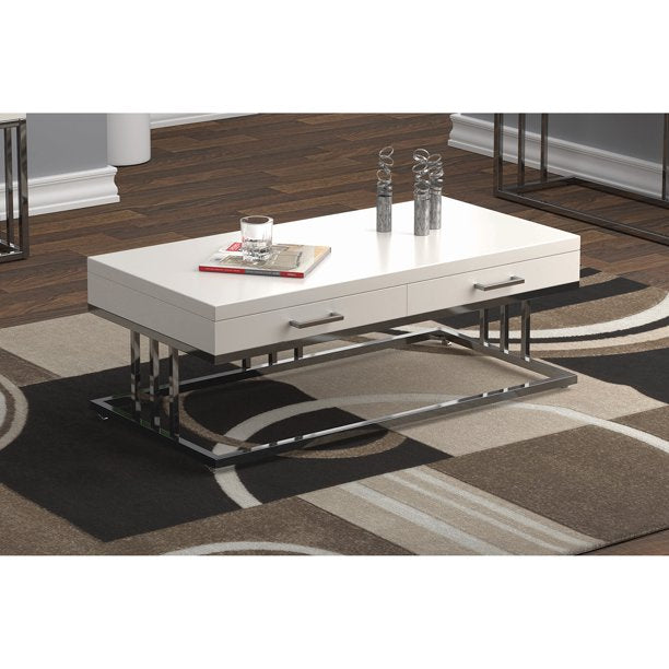 Contemporary 2-drawer Rectangular Coffee Table Glossy White and Chrome