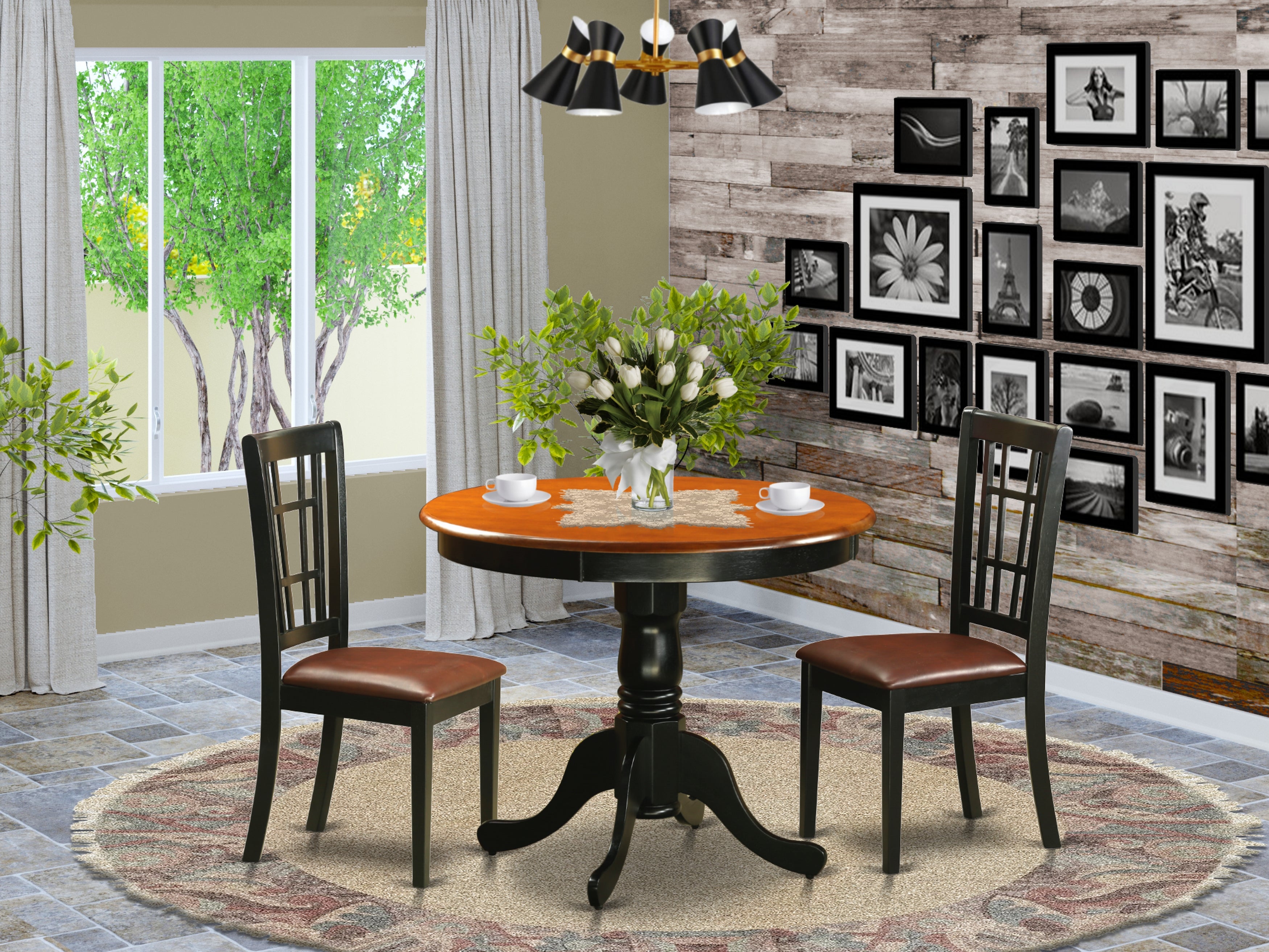 ANNI3-BLK-LC 3 PC Dining Table with 2 Leather Chairs in Black and Cherry