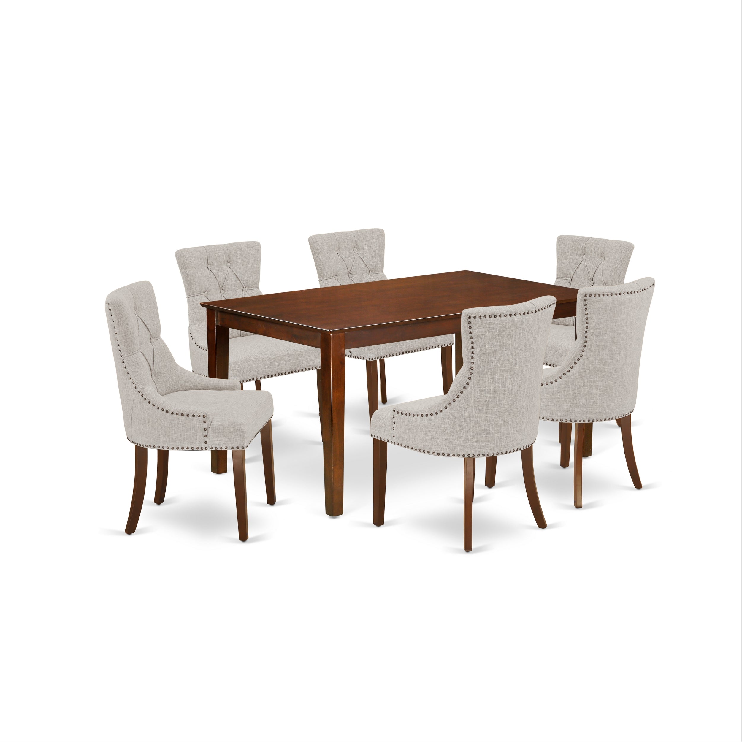 CAFR7-MAH-05 7Pc Dinette Set Includes a Rectangular Kitchen Table and Six Parson Chairs with Doeskin Fabric, Mahogany Finish