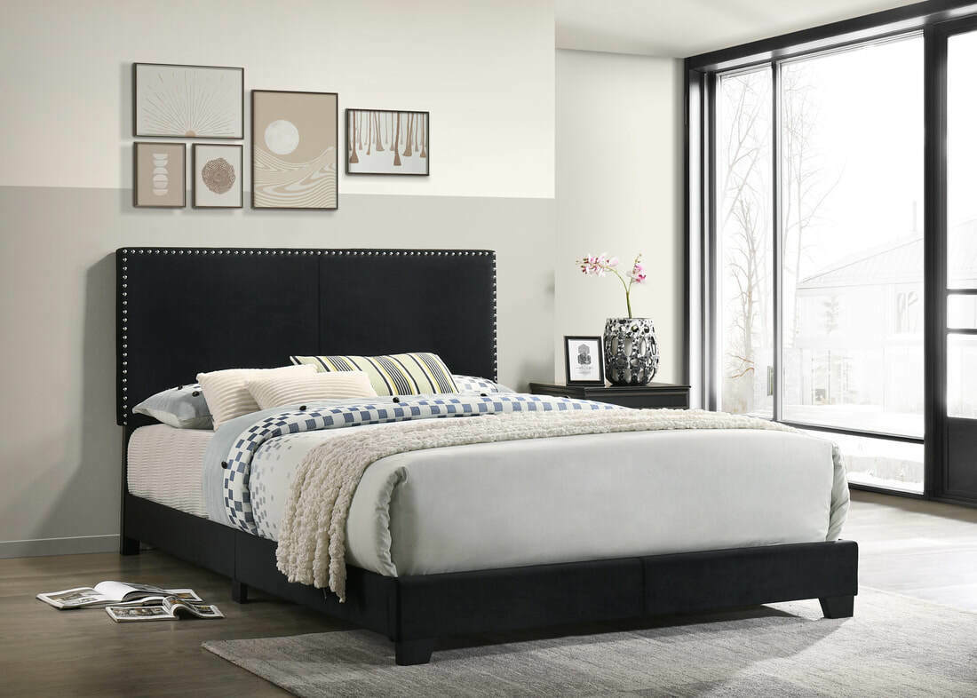 Platform Upholstered Black Nailhead Velvet Bed Frame Headboard King Queen Full