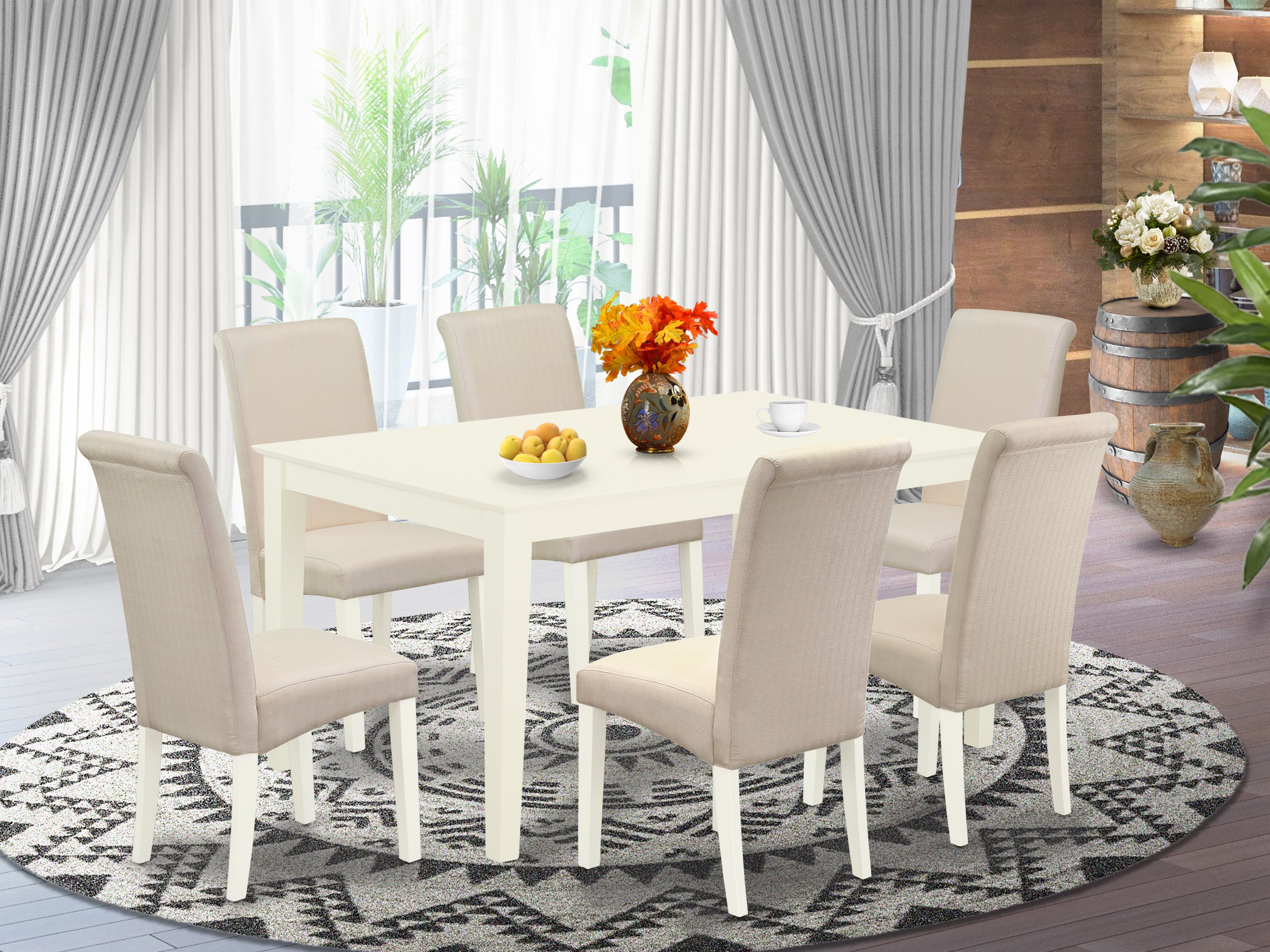 CABA7-LWH-01 7Pc Dinette Set Includes a Rectangular Kitchen Table and Six Parson Chairs with Cream Fabric, Linen White Finish