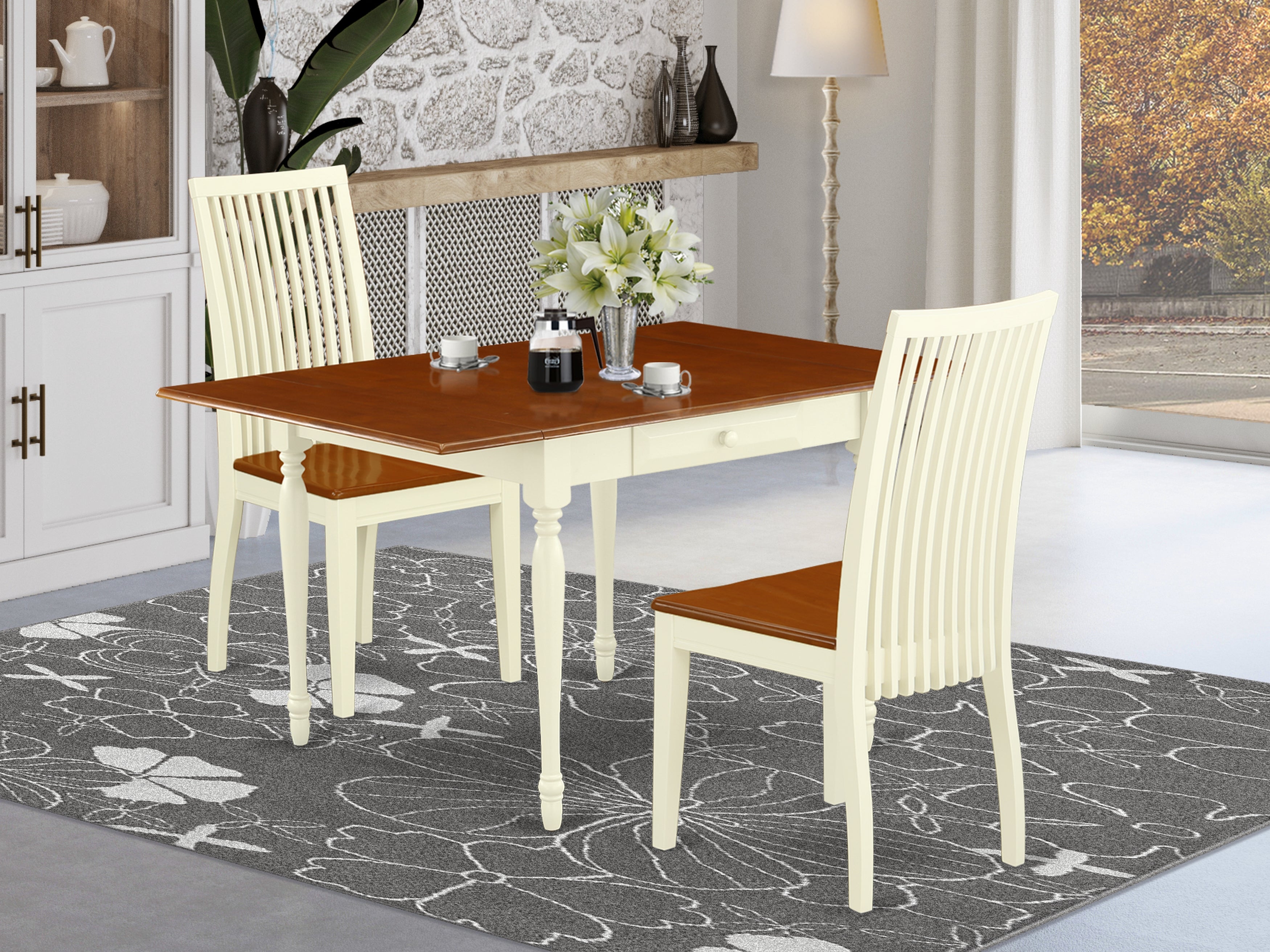 East West Furniture MZIP3-WHI-W 3 Pc Modern Dining Table set - Durable Two 9-Inch Drop Down Leaves Wooden Dining Room Table and 2 Wooden Seat Kitchen Dining Chairs, Buttermilk and Cherry Finish