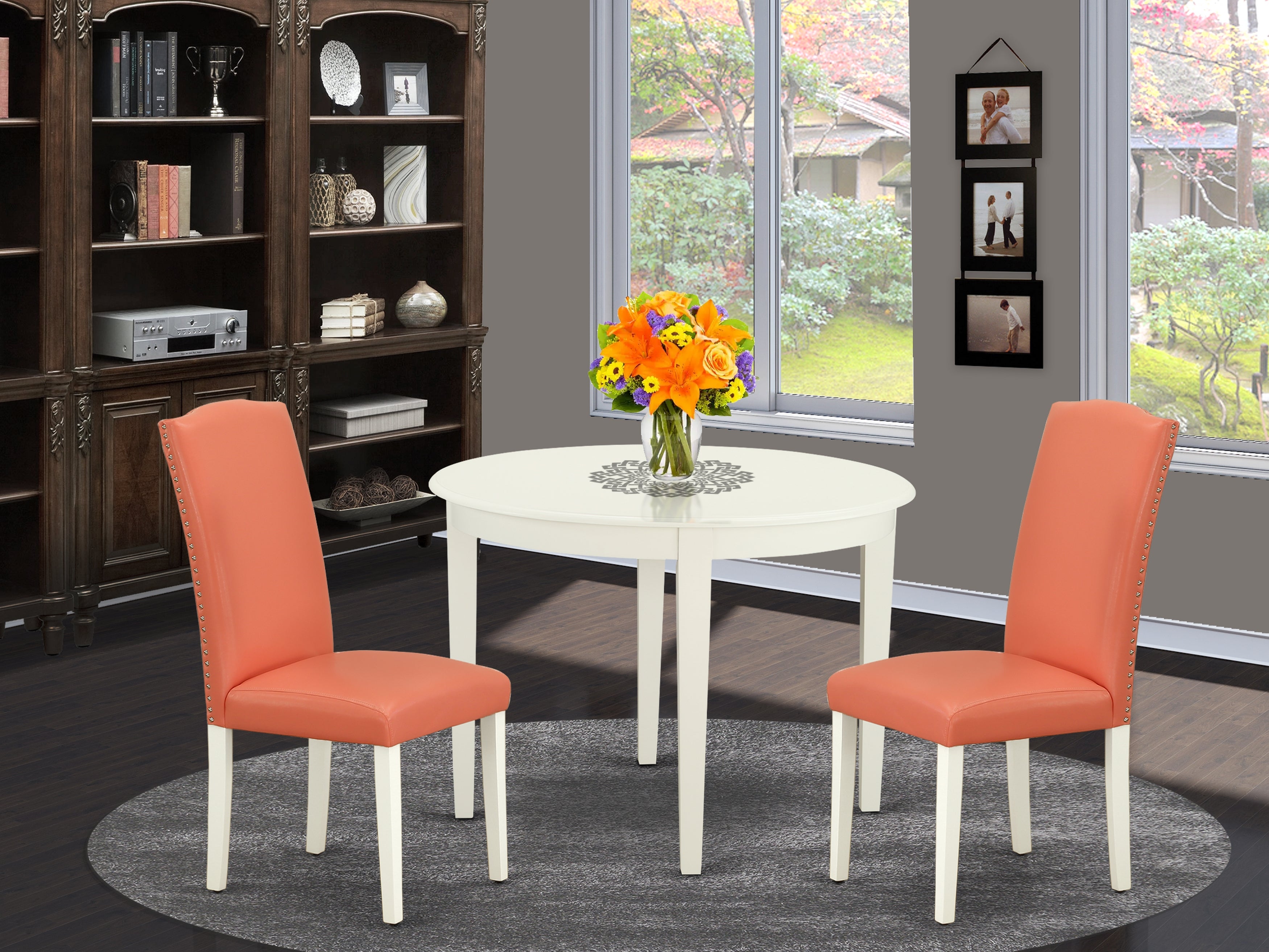 BOEN3-LWH-78 3Pc Round 42" Table And Two Parson Chair With Linen White Leg And Pu Leather Color Pink Flamingo