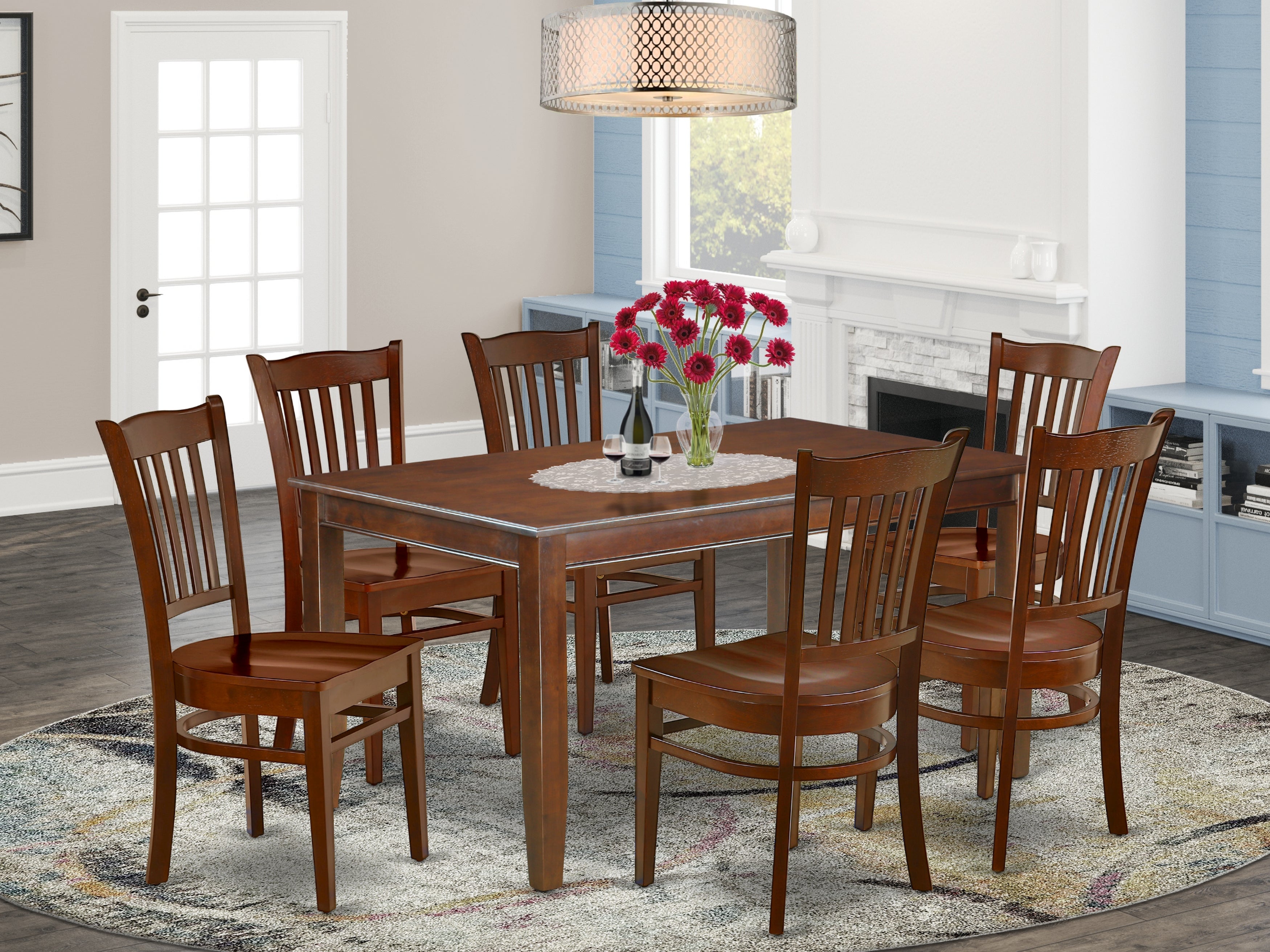 DUGR7-MAH-W 7Pc Rectangle 60 Inch Table And Six Wood Seat Dining Chairs