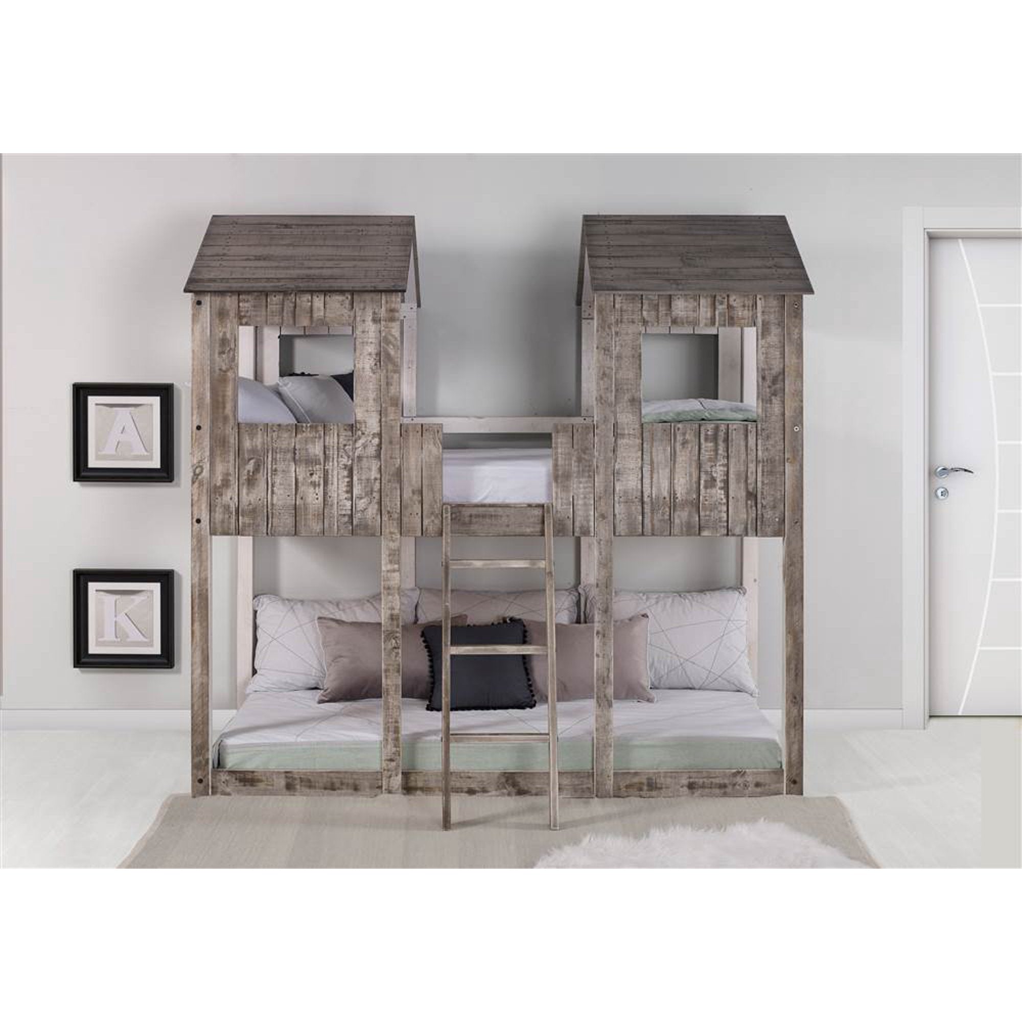 Twin-Over-Twin Lodge Tower Ladder Bunk Bed Rustic Grey Kids Room