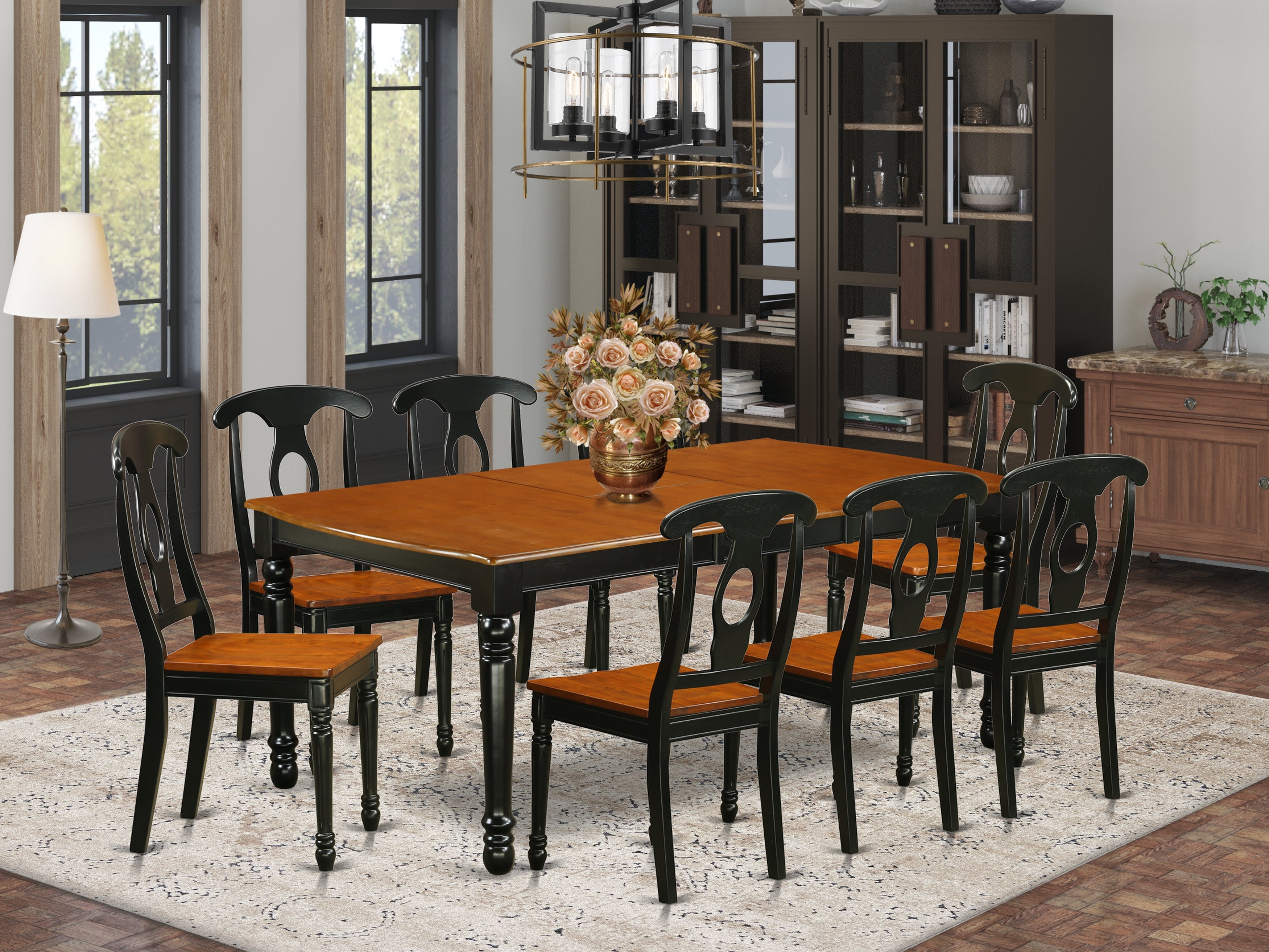 DOKE9-BCH-W 9 PC kitchen tables and chair set with one Dover dining table and 8 kitchen chairs in a Black and Cherry Finish