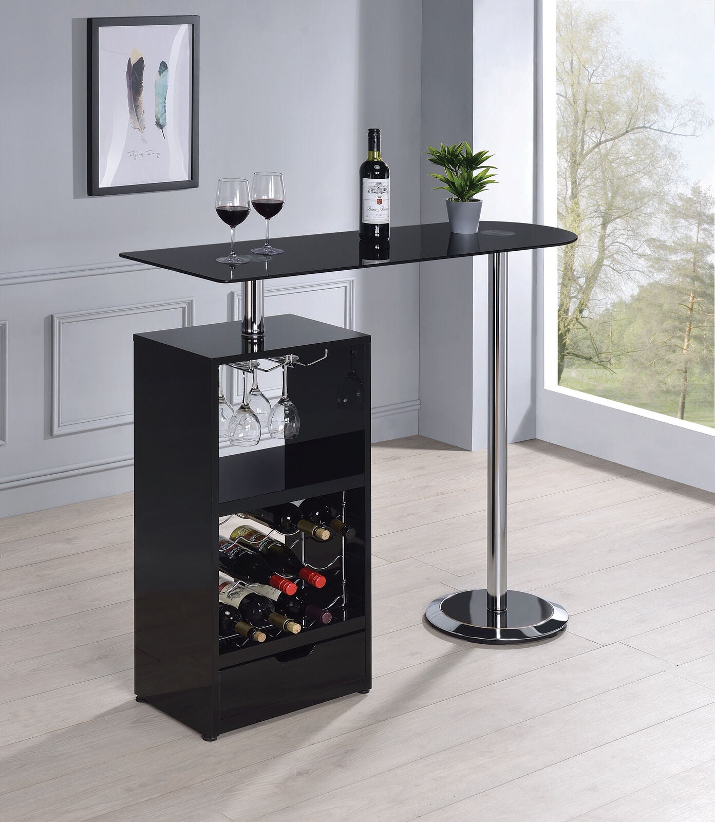 Coaster Modern Black Bar Table with Wine Bottle Storage and Glass Top 120451