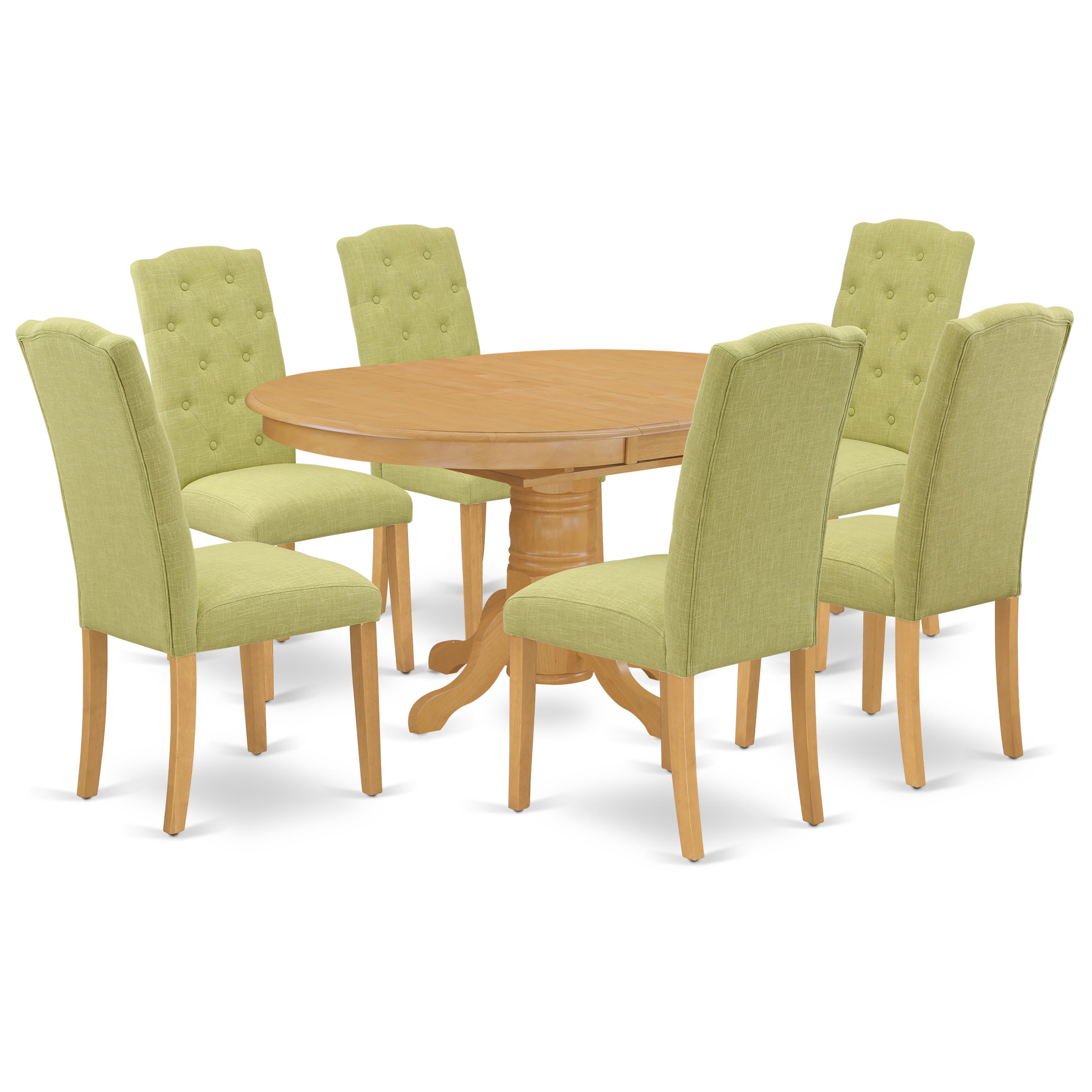 AVCE7-OAK-07 7Pc Dinette Set Includes an Oval Kitchen Table with Butterfly Leaf and Six Parson Chairs with Lime Green Fabric, Oak Finish