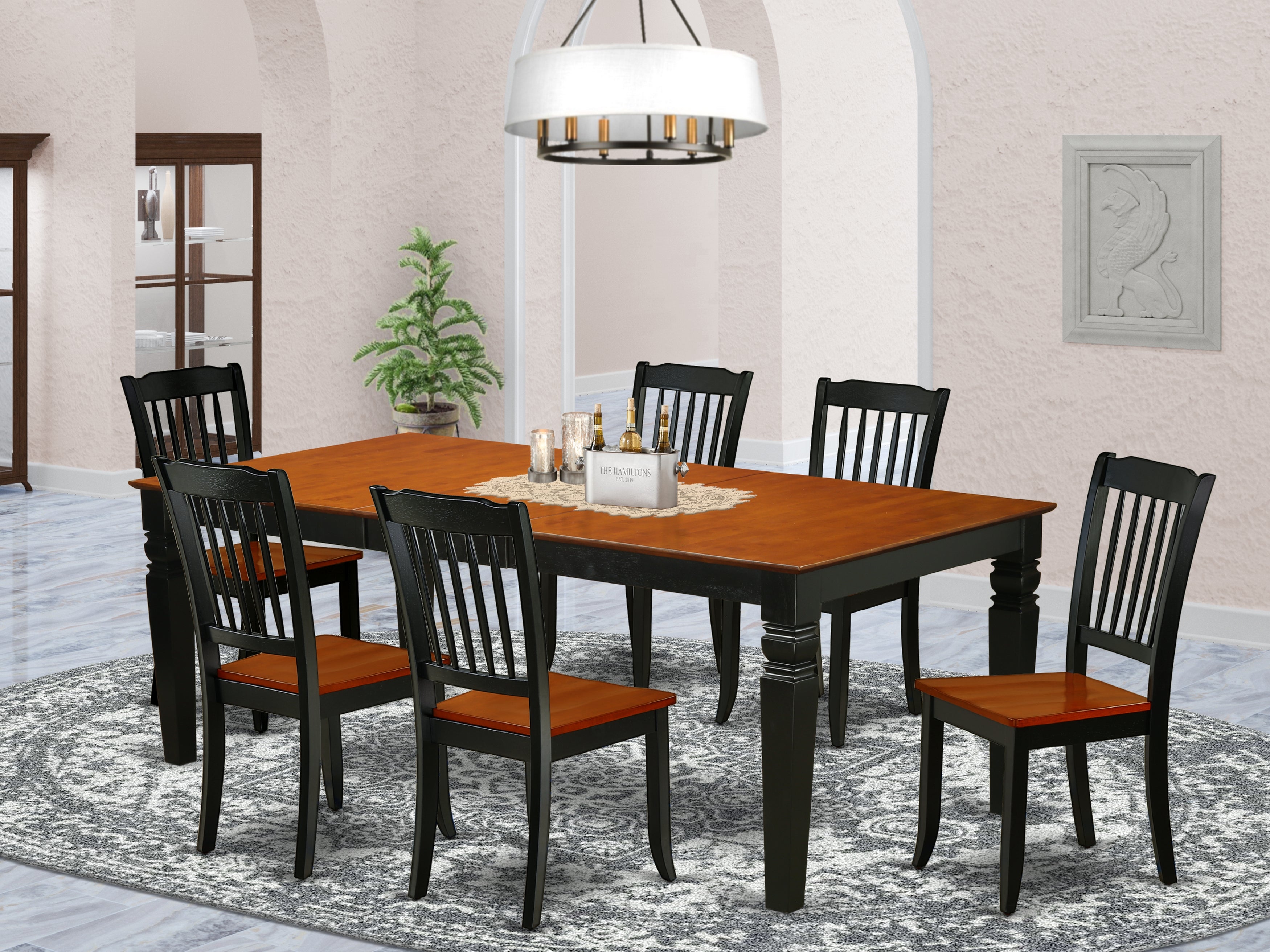 LGDA7-BCH-W 7PC Rectangular 66/84 inch Table with 18 In Leaf and 6 vertical slatted Chairs