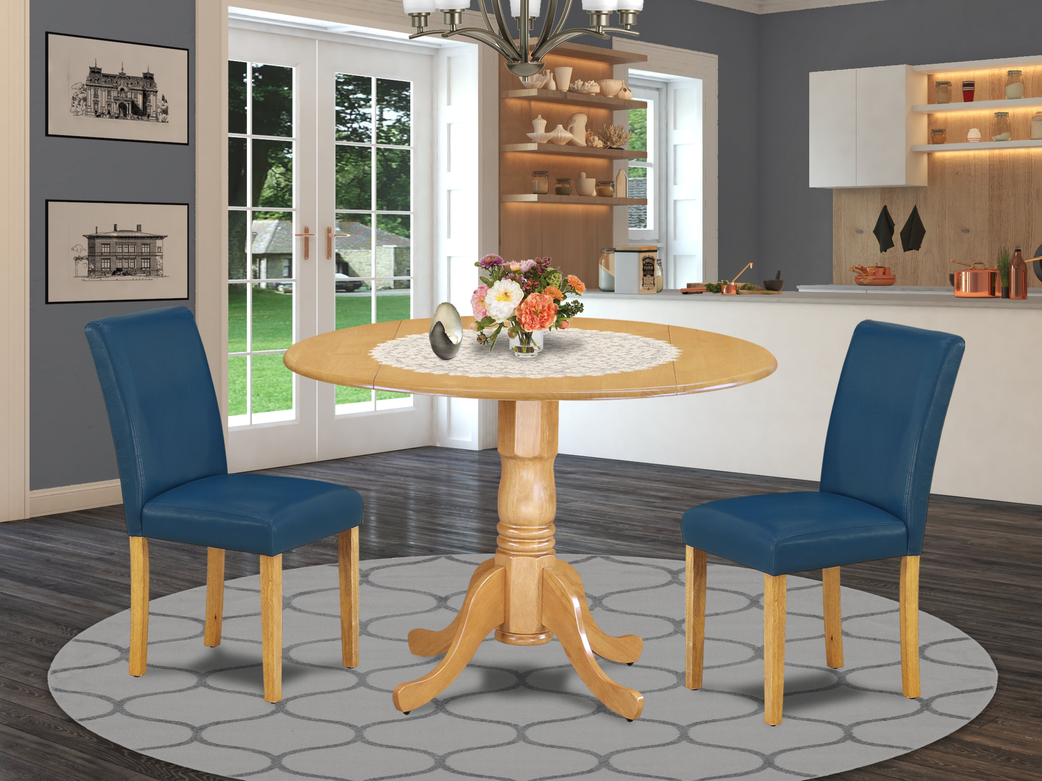 DLAB3-OAK-55 3Pc Round 42" Dining Room Table With Two 9-Inch Drop Leaves And A Pair Of Parson Chair With Oak Leg And Pu Leather Color Oasis