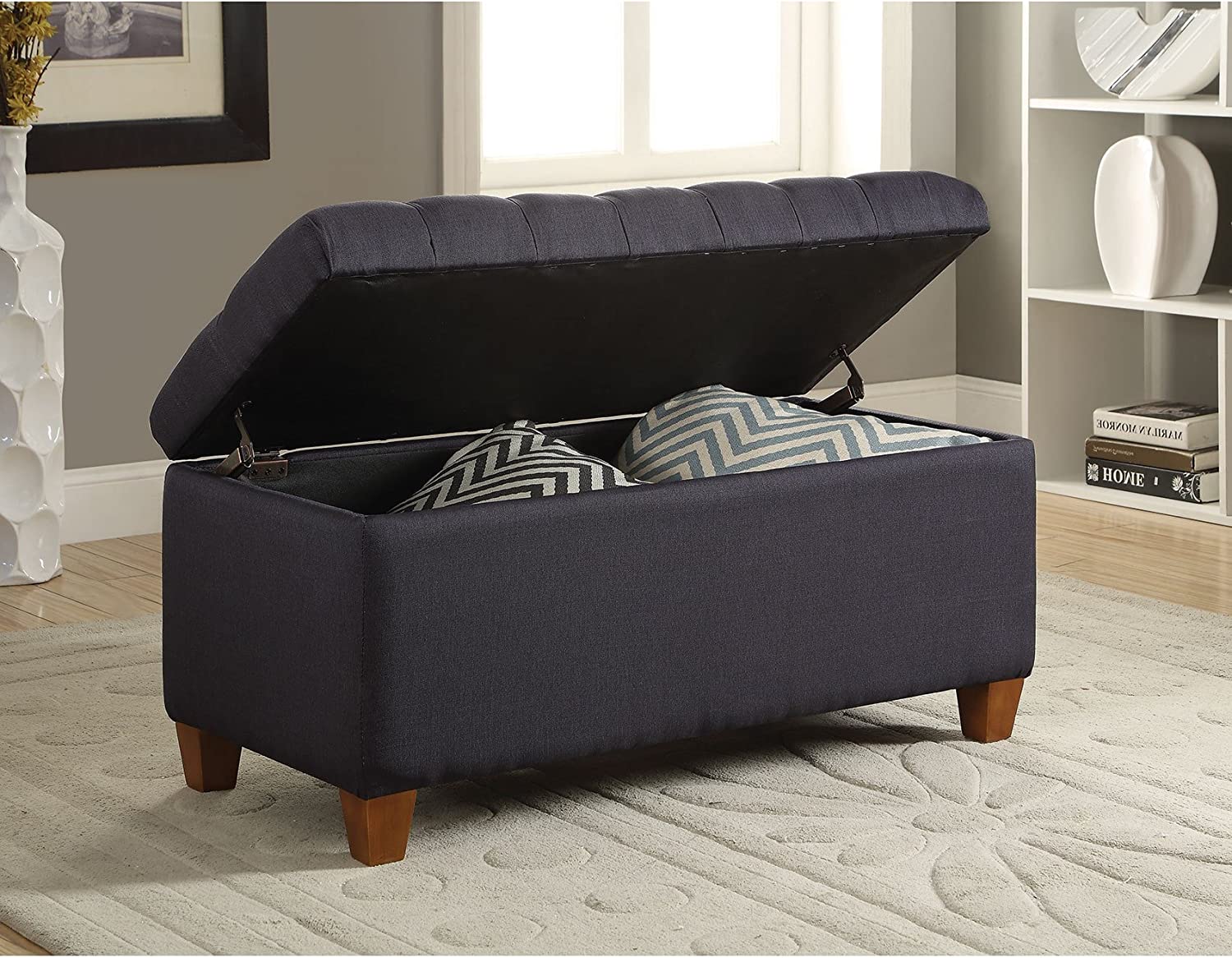 Tufted Storage Bench ottoman in Dark Navy