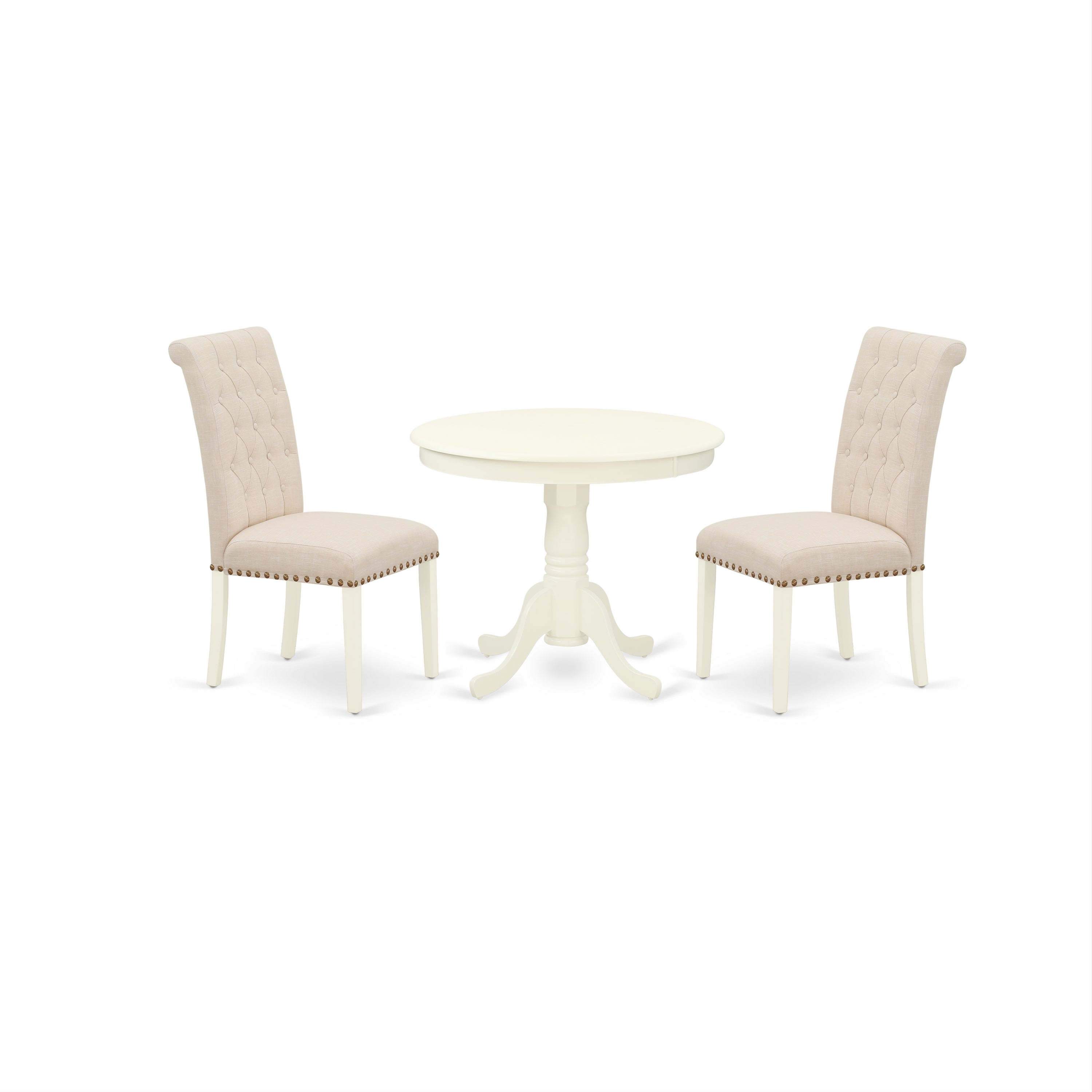 ANBR3-LWH-02 3Pc Dinette Set Includes a Small Rounded Kitchen Table and Two Parson Chairs with Light Beige Fabric, Linen White Finish