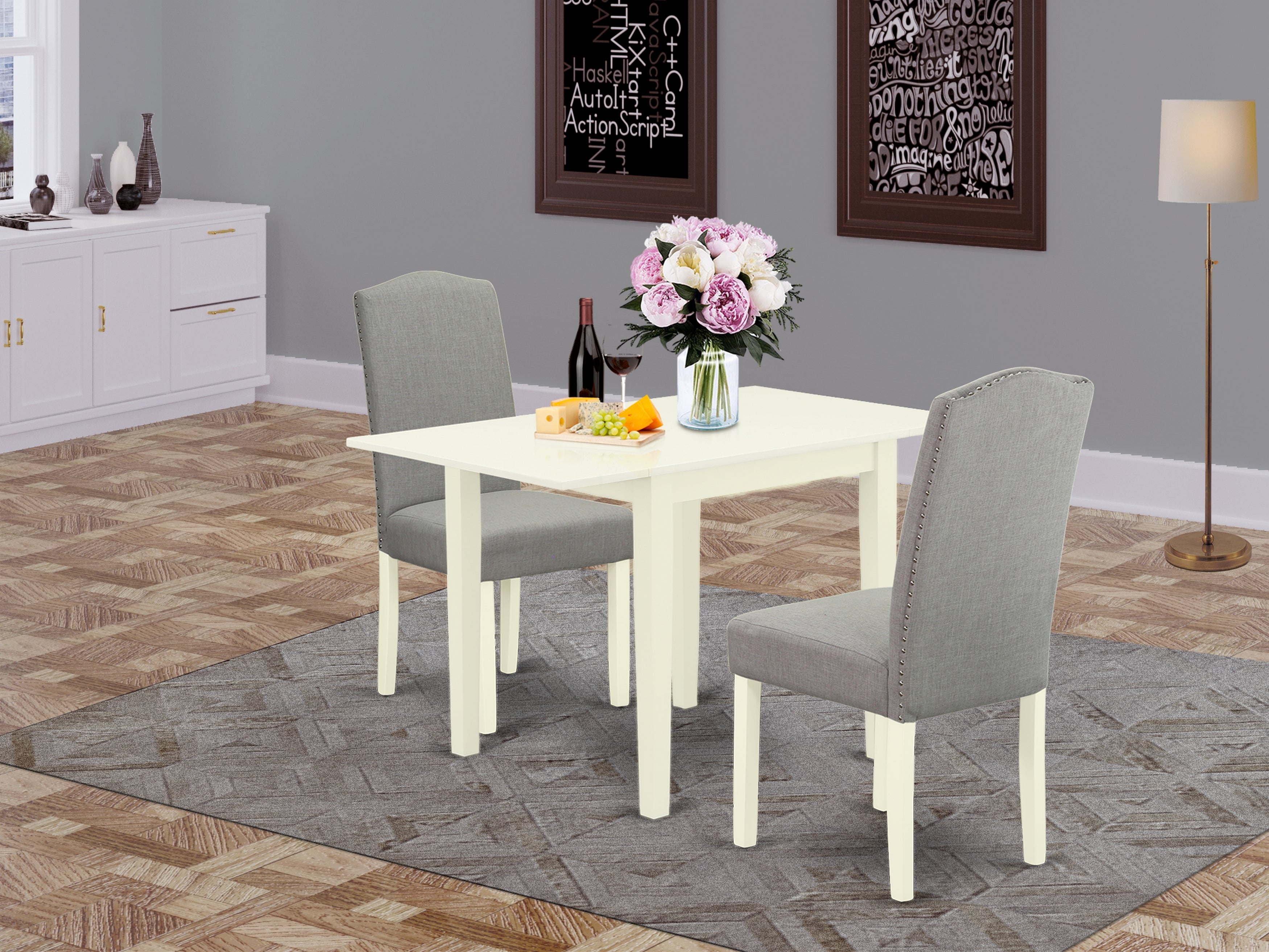 East West Furniture NDEN3-LWH-06 Dining Table Set 3 Pcs - Two Dining Chairs and a Kitchen Table - Linen White Finish Solid wood - Shitake Color Linen Fabric