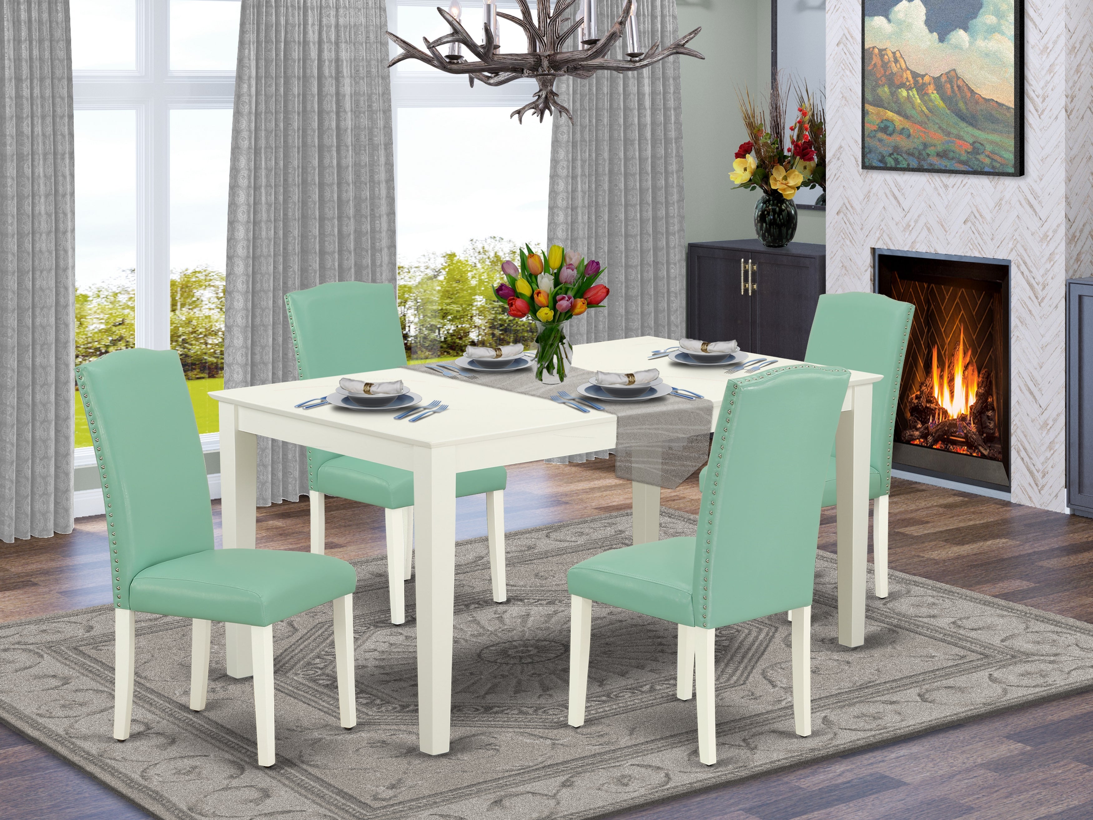 CAEN5-LWH-57 5Pc Rectangle 60" Dining Room Table And 4 Parson Chair With Linen White Leg And Pu Leather Color Pond