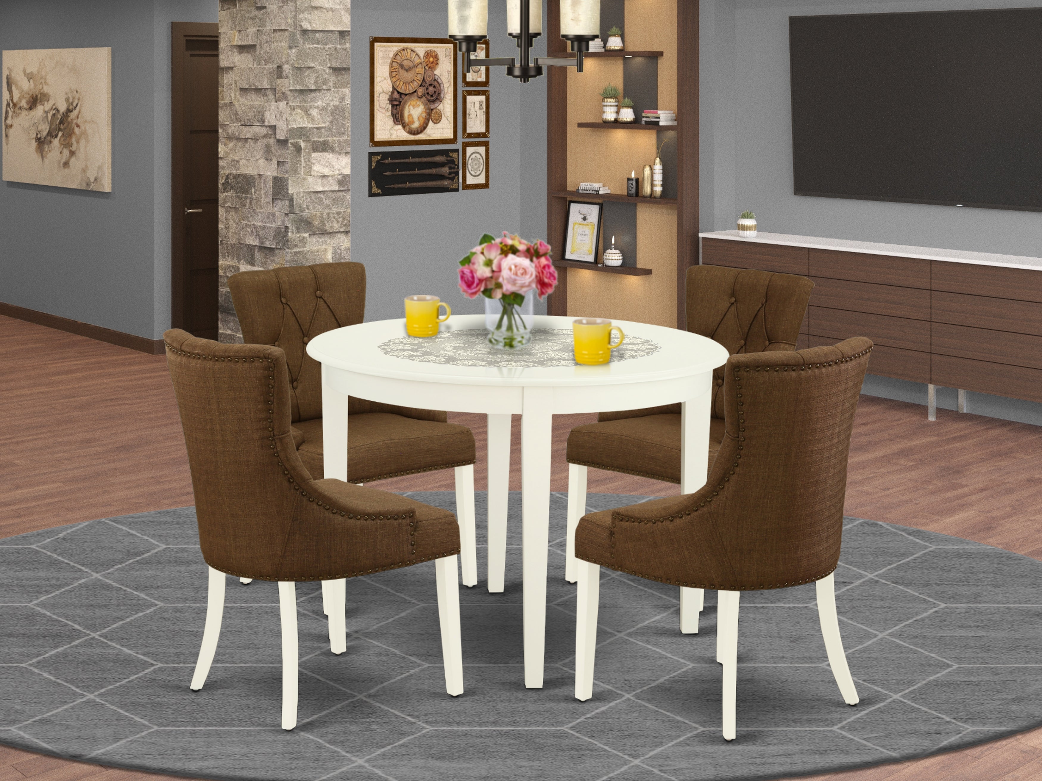 BOFR5-WHI-18 5Pc Dining Set Includes a Small Round Dinette Table and Four Parson Chairs with Dark Coffee Fabric, White Finish