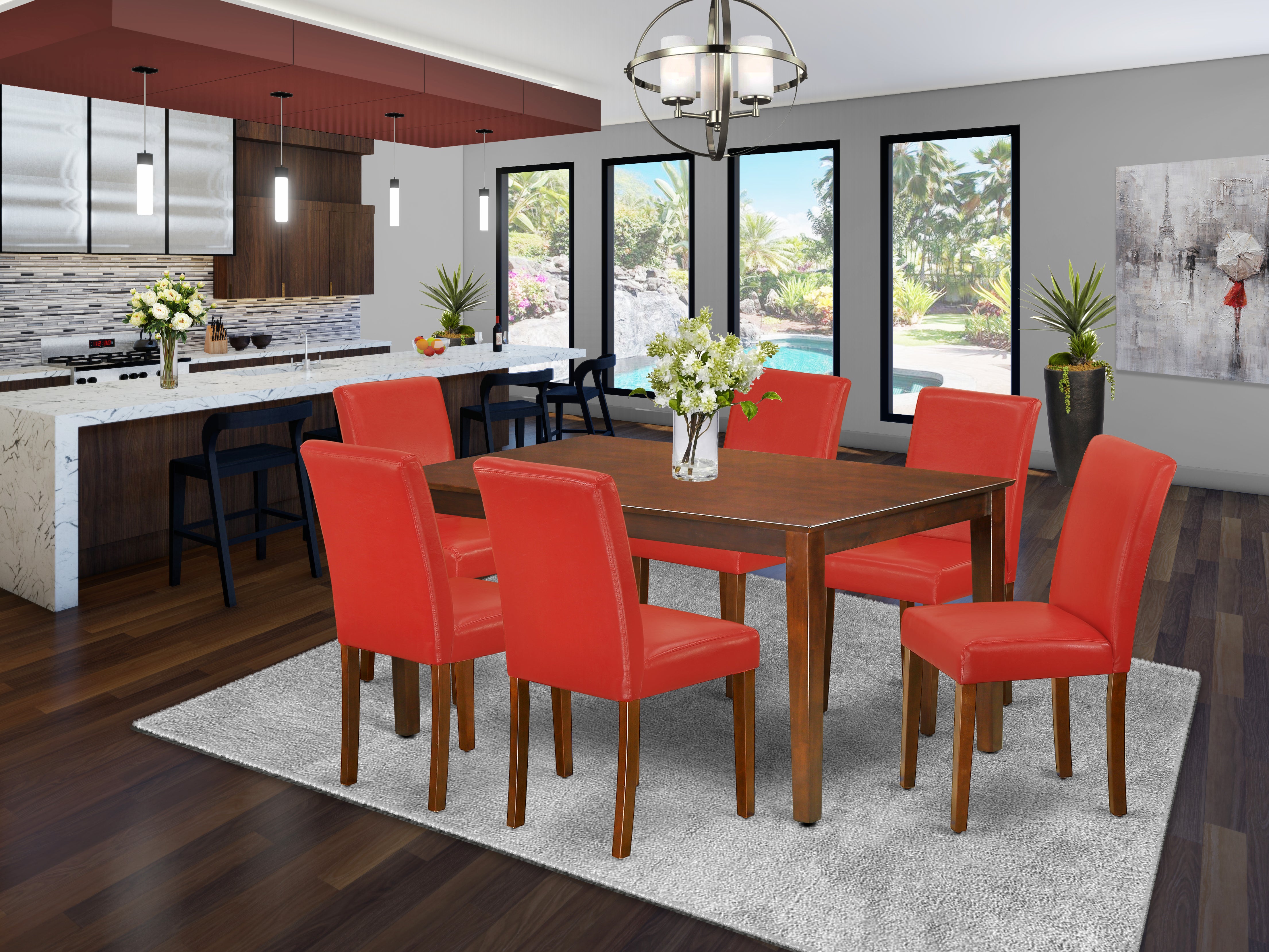 CAAB7-MAH-72 7Pc Rectangle 60" Dining Table And 6 Parson Chair With Mahogany Leg And Pu Leather Color Firebrick Red