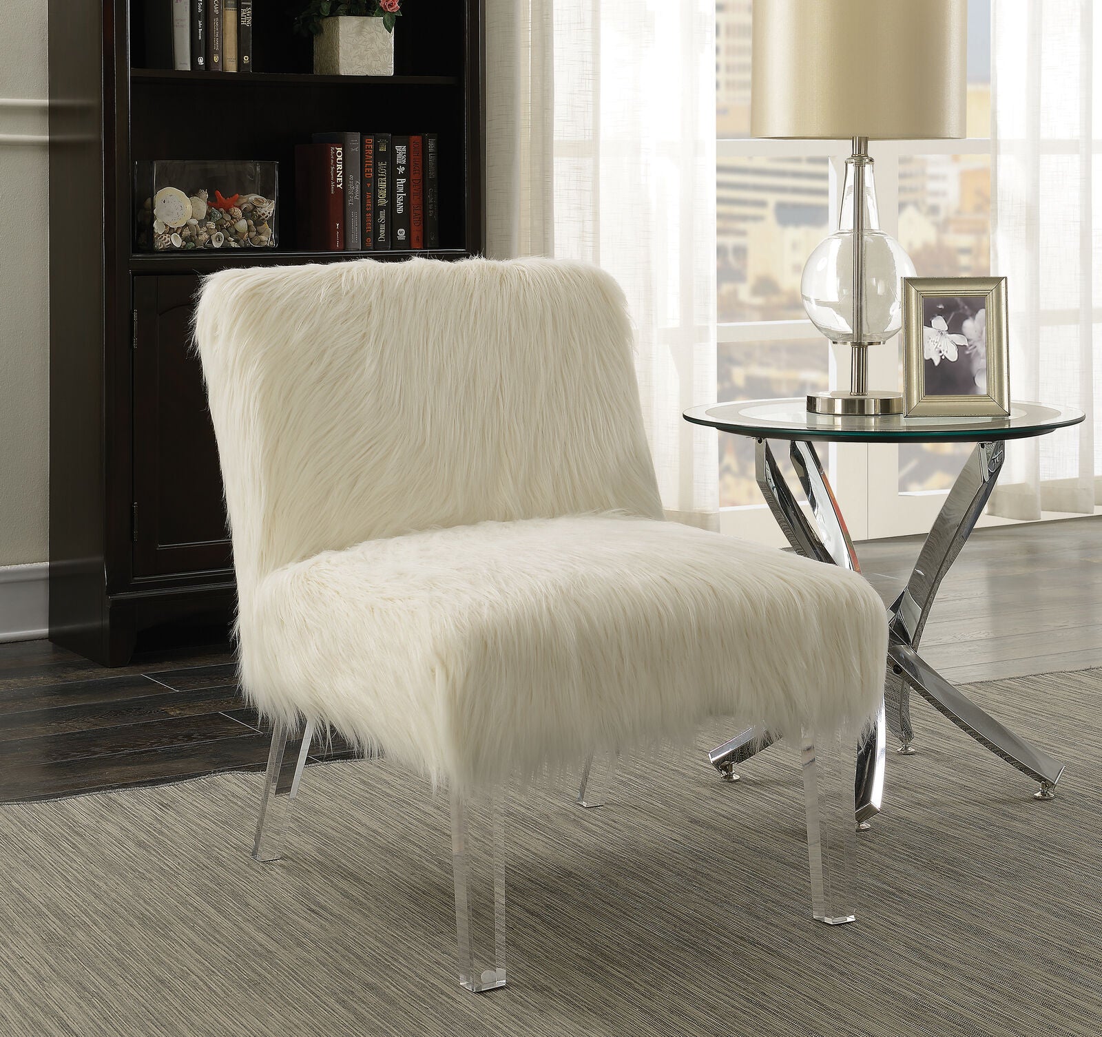 Modern Faux Sheepskin And Acrylic Upholstered Accent Chair White