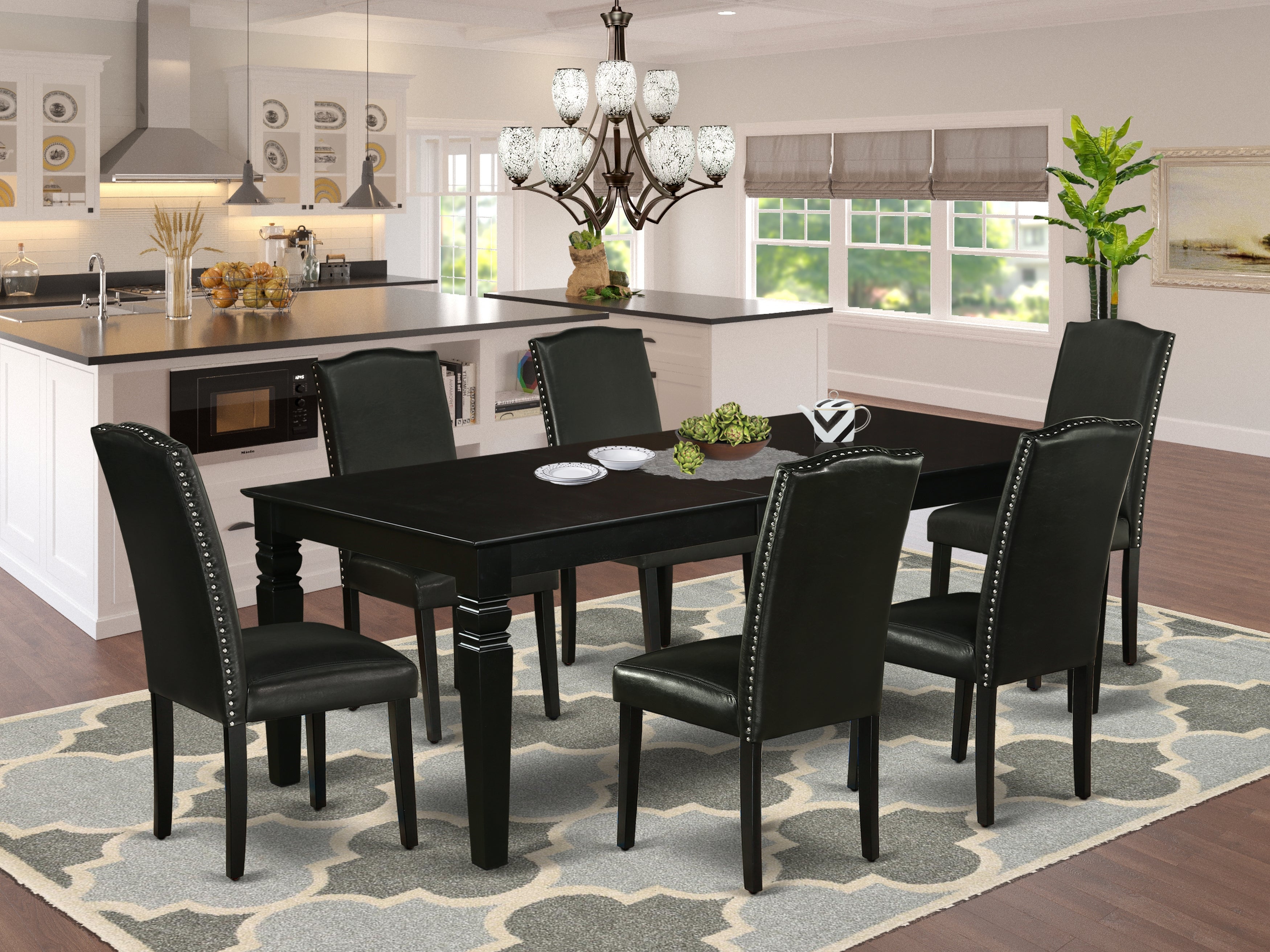 LGEN7-BLK-69 7Pc Rectangle 66/84" Kitchen Table With 18 In Self Storing Butterfly Leaf And Six Parson Chair With Black Leg And Pu Leather Color Black