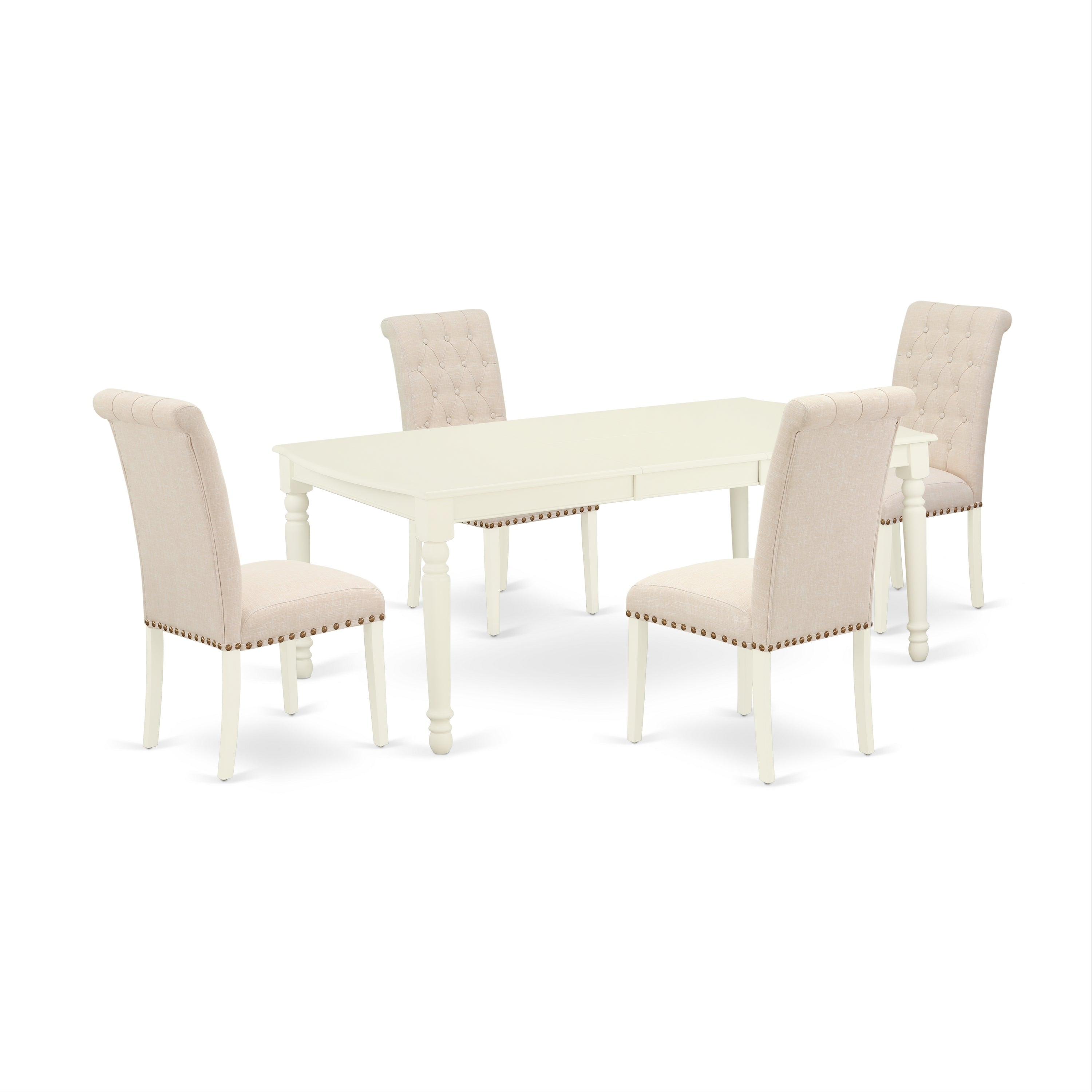 DOBR5-LWH-02 5Pc Dining Set Includes a Rectangle Dinette Table with Butterfly Leaf and Four Parson Chairs with Light Beige Fabric, Linen White Finish