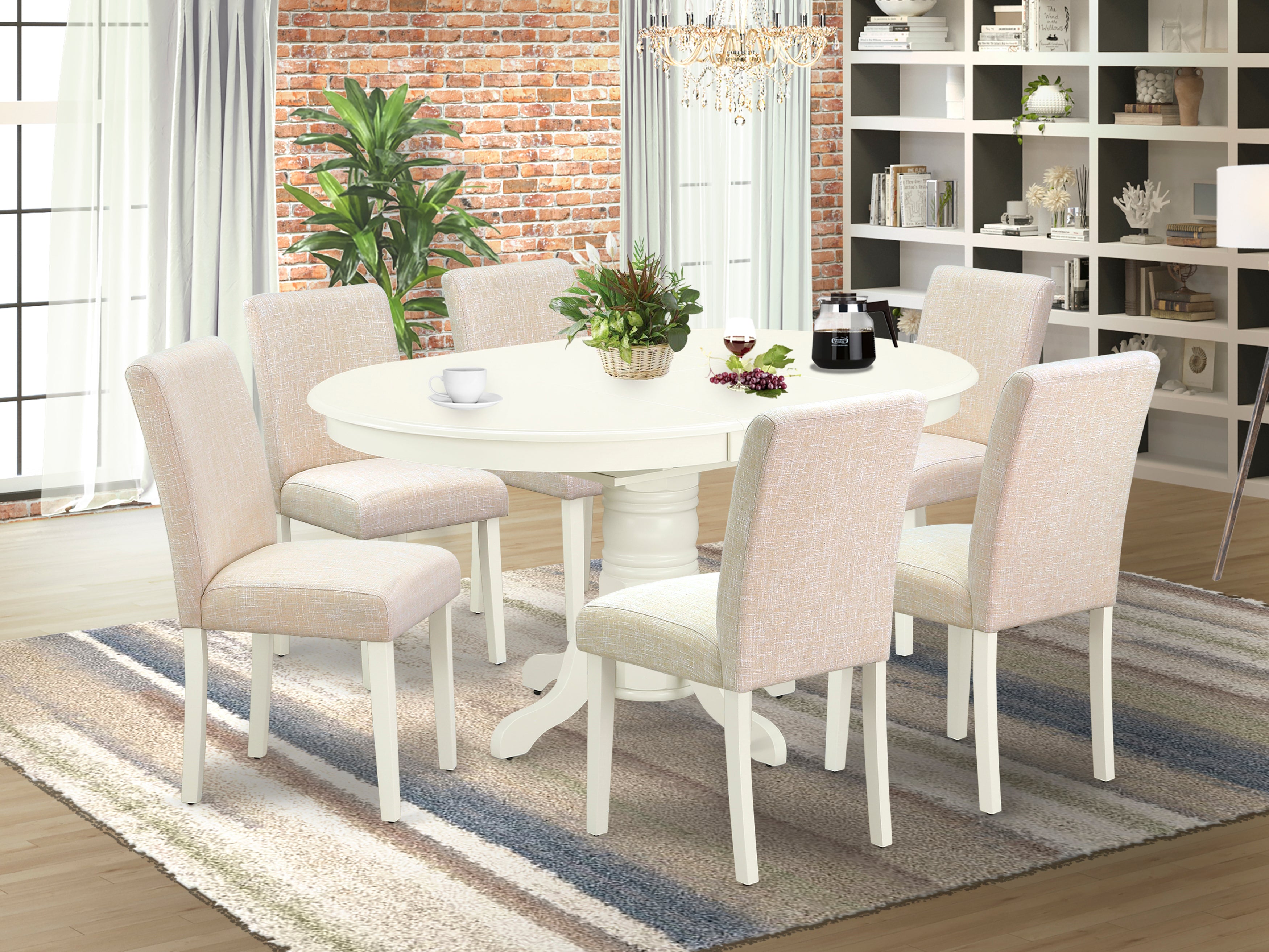 AVAB7-LWH-02 7Pc Oval 42/60" Dinette Table With 18 In Butterfly Leaf And 6 Parson Chair With Linen White Leg And Linen Fabric Light Beige