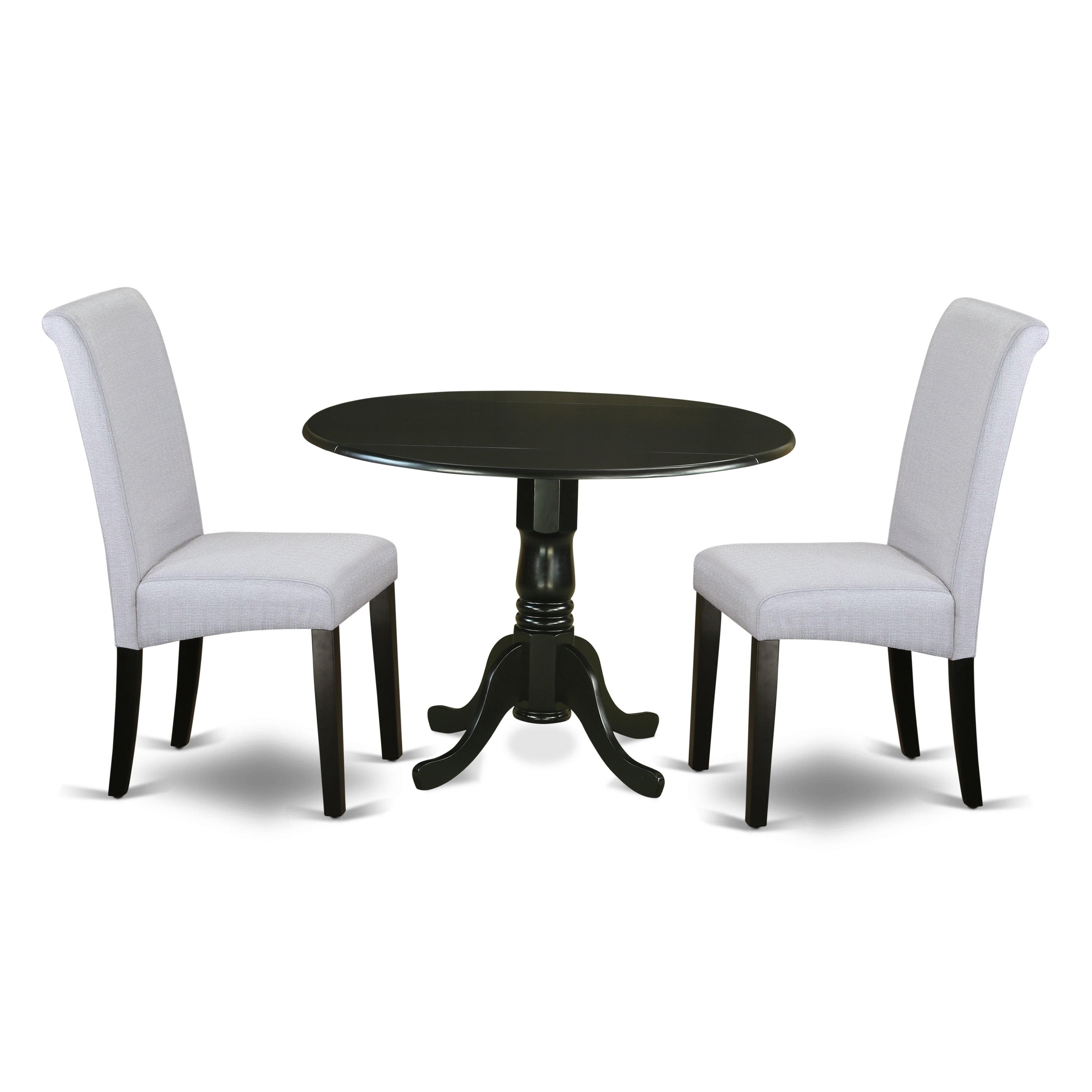 DLBA3-BLK-05 3Pc Small Round table with linen grayish blue fabric kitchen chairs with black chair legs