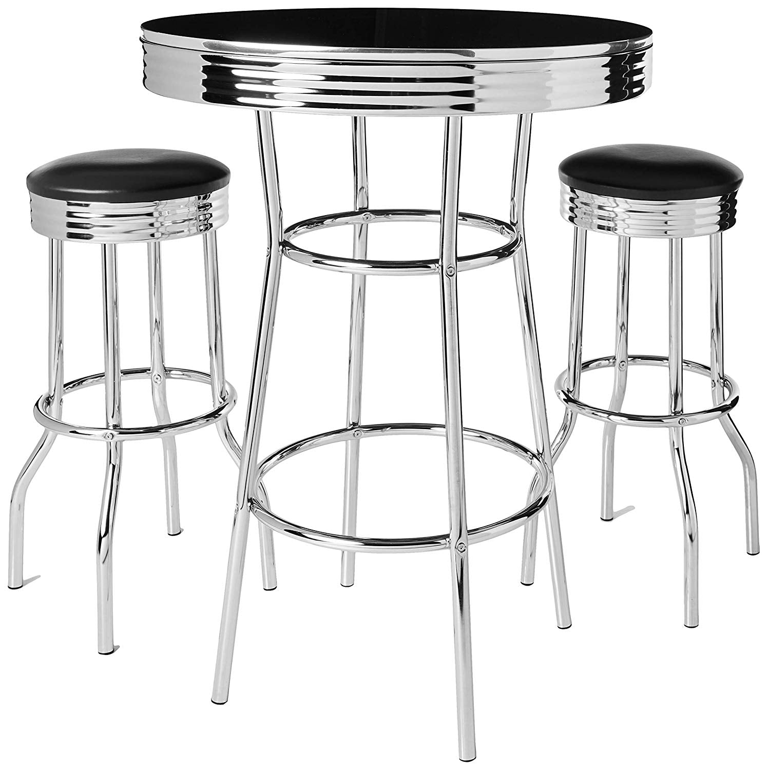 Retro 3 pc Bar pub Table Set w/ 2 Leatherette Swivel stools Black and Chrome