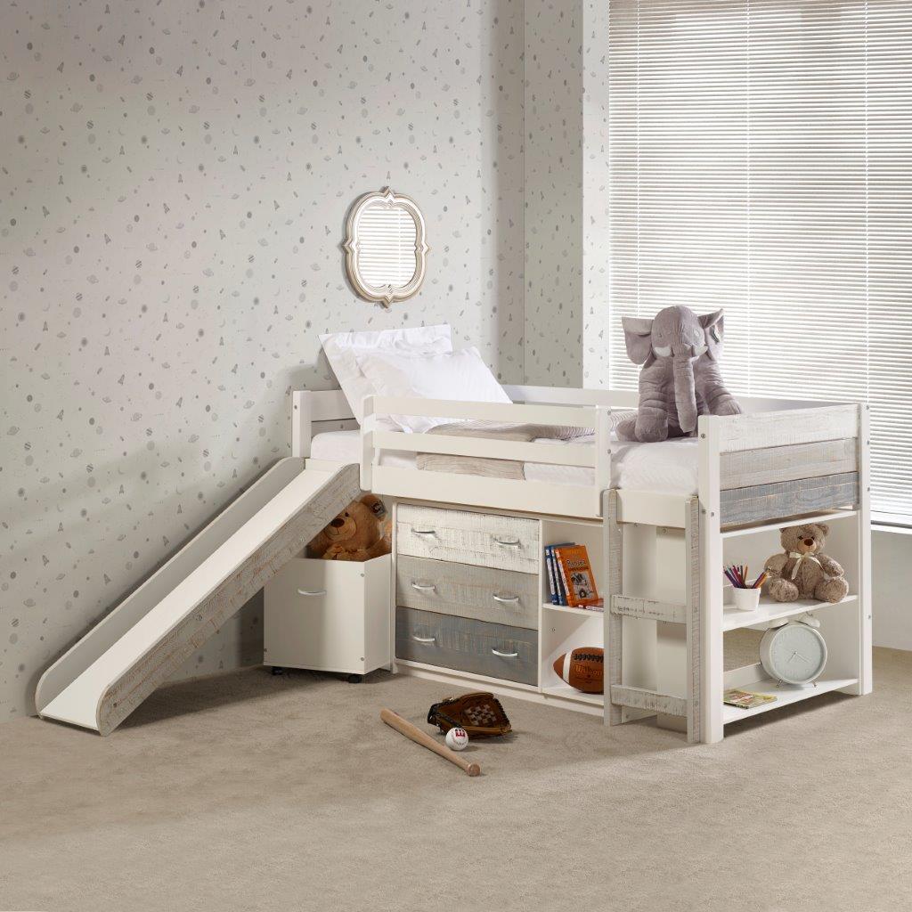 Twin Panel Low Loft Bed With Slide, Drawer, bookcase Grey/White Finish