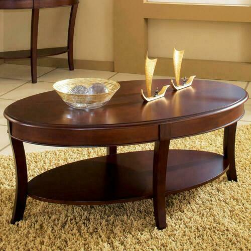 Traditional Troy Oval Cocktail Table With Shelf in Medium Cherry Brown