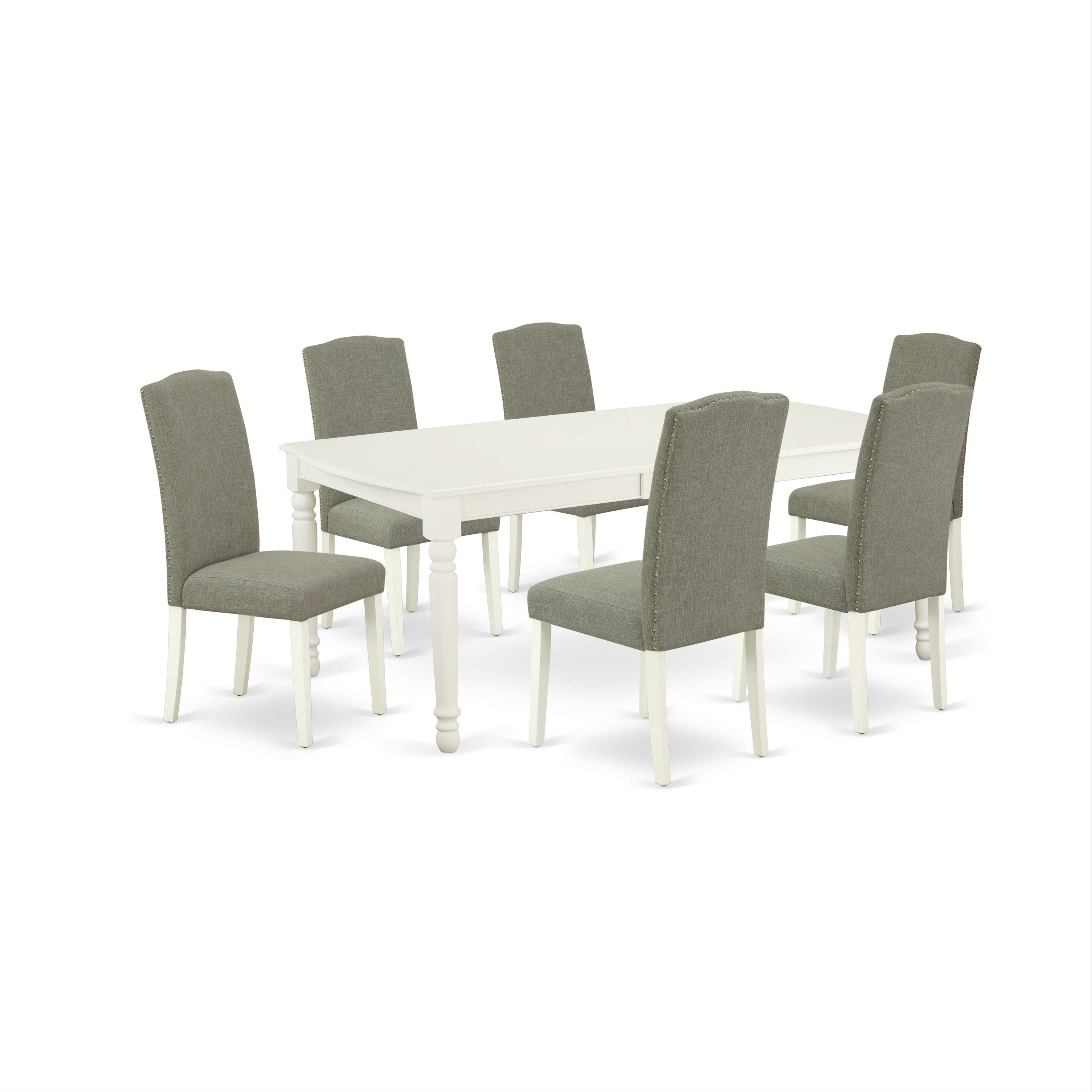 DOEN7-LWH-06 7Pc Rectangle 60/78 Inch Table With 18 In Leaf And 6 Parson Chair With Linen White Leg And Linen Fabric Dark Shitake