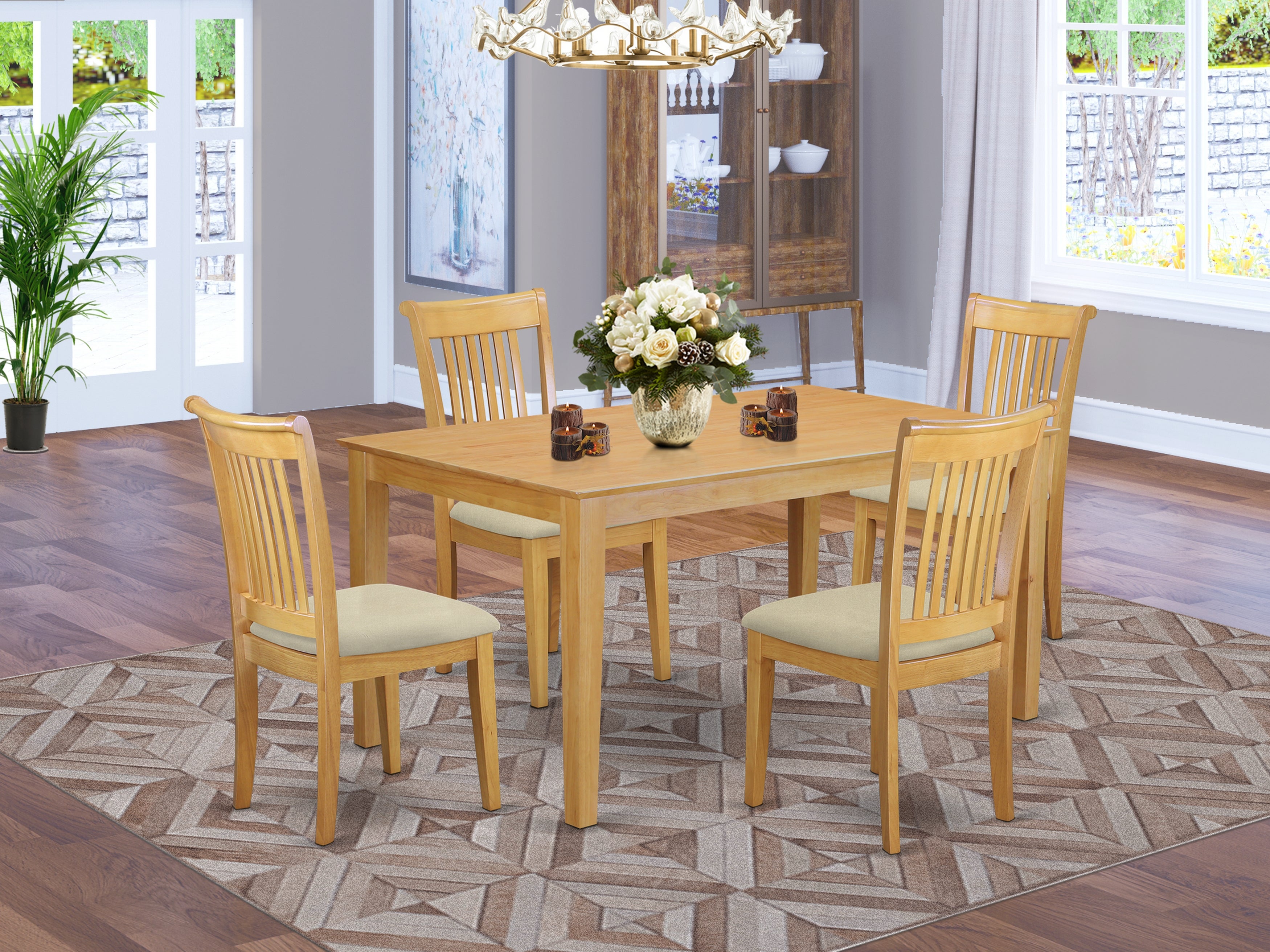 CAPO5-OAK-C 5 Piece dining table set- Solid Top dining room table and 4 Cushion Seat dining chairs