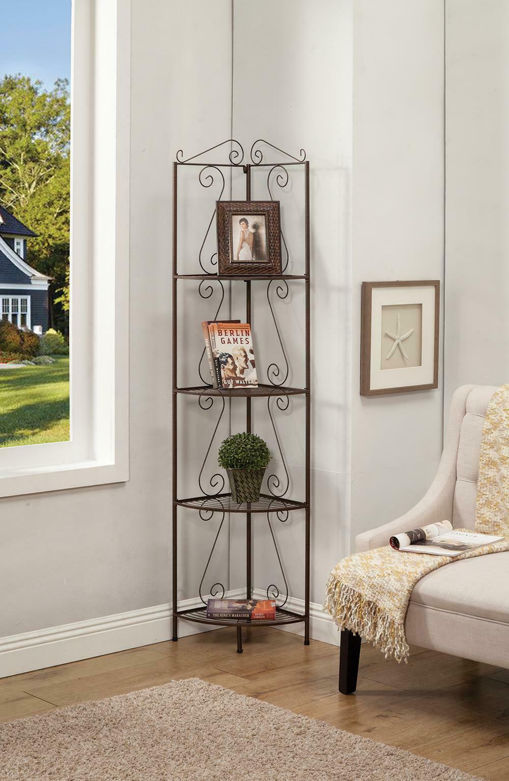 Elena Copper Metal Finish Corner Bookcase Shelf With Decorative Scrolls