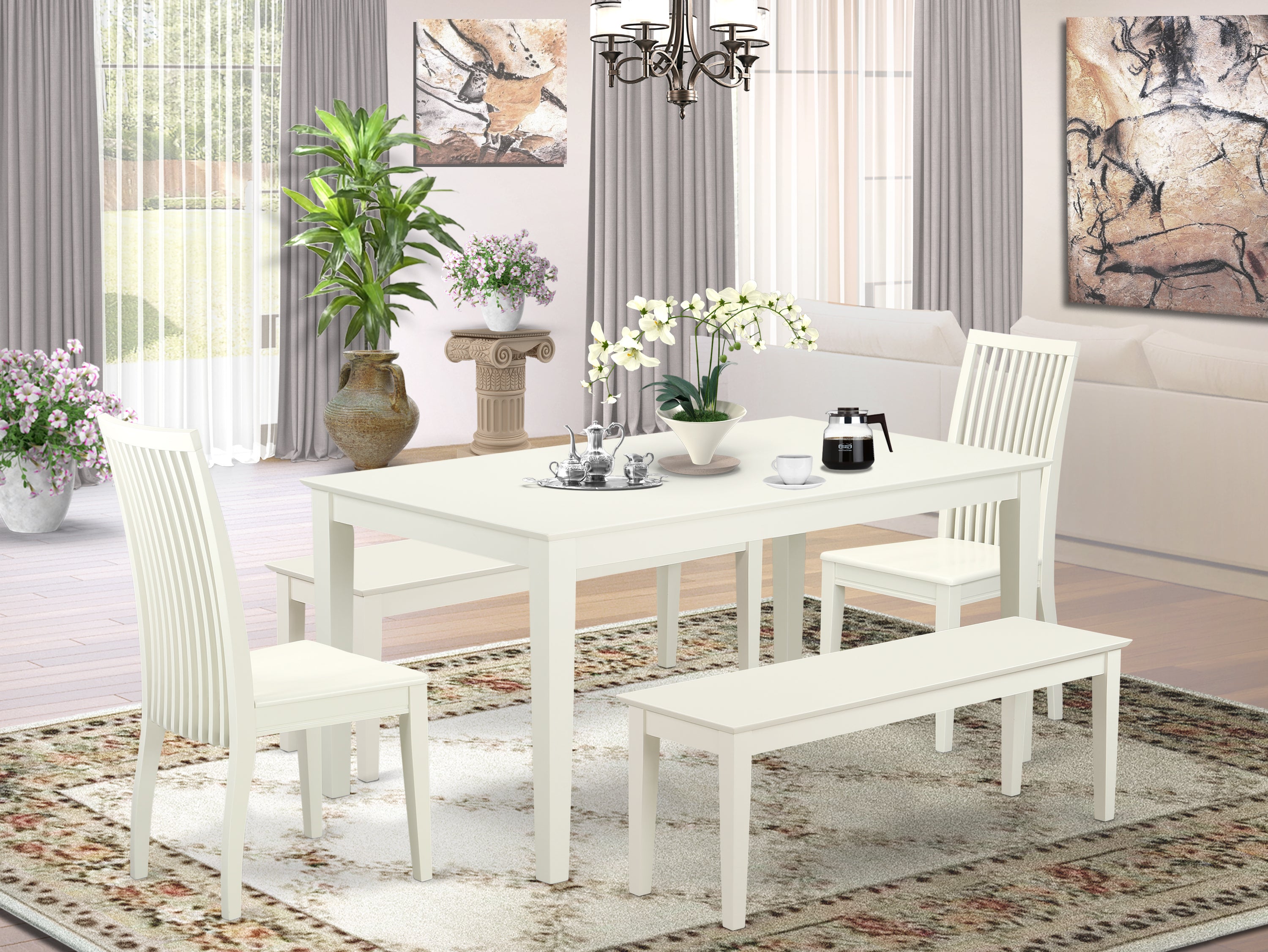 CAIP5C-LWH-W 5 Piece dining set for 6-Dining room table and 2 Wood Seat Chairs and 2 Benches in Linen White