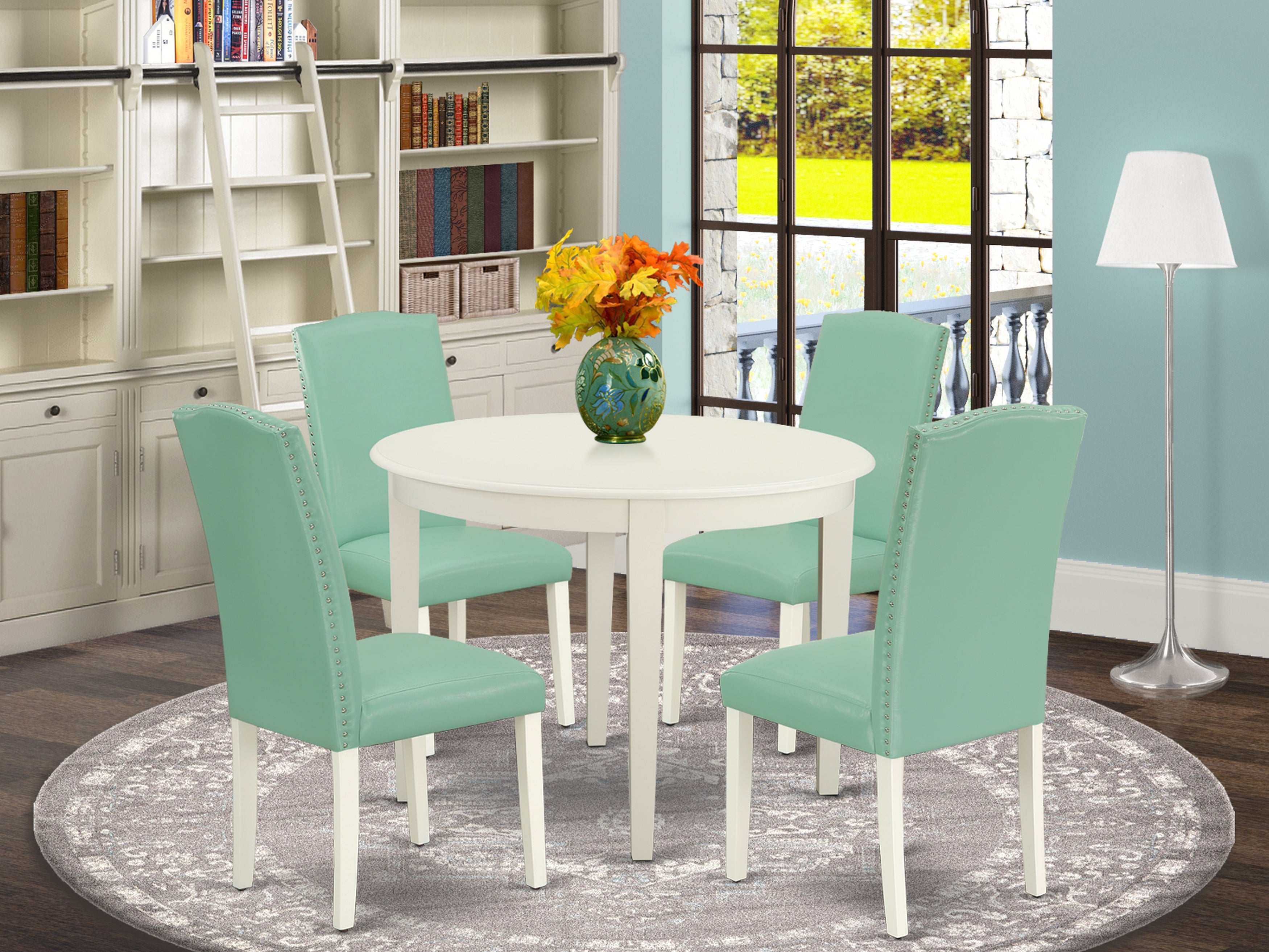 BOEN5-LWH-57 5Pc Round 42" Kitchen Table And Four Parson Chair With Linen White Leg And Pu Leather Color Pond