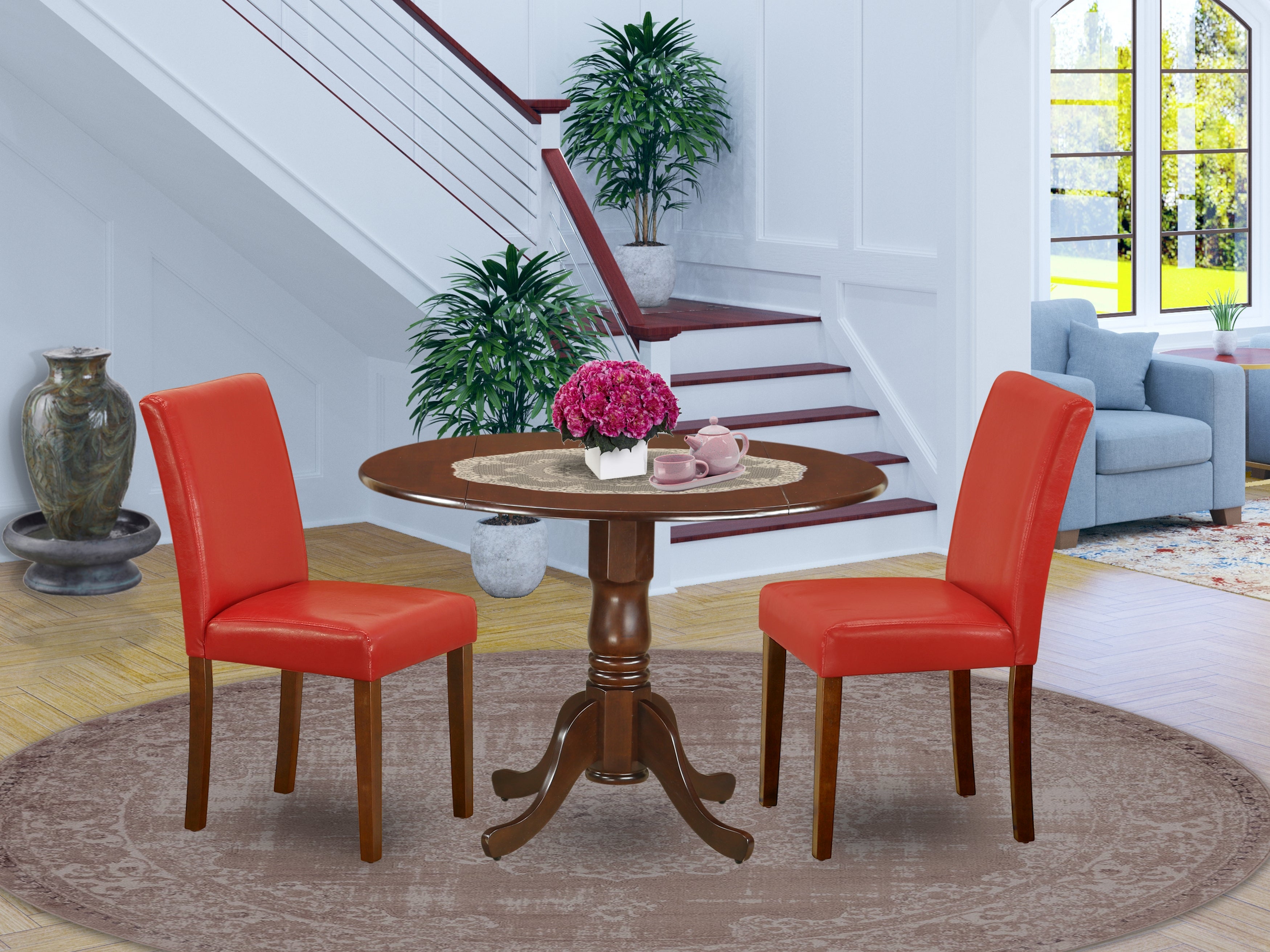 DLAB3-MAH-72 3Pc Round 42" Dining Room Table With Two 9-Inch Drop Leaves And 2 Parson Chair With Mahogany Leg And Pu Leather Color Firebrick Red