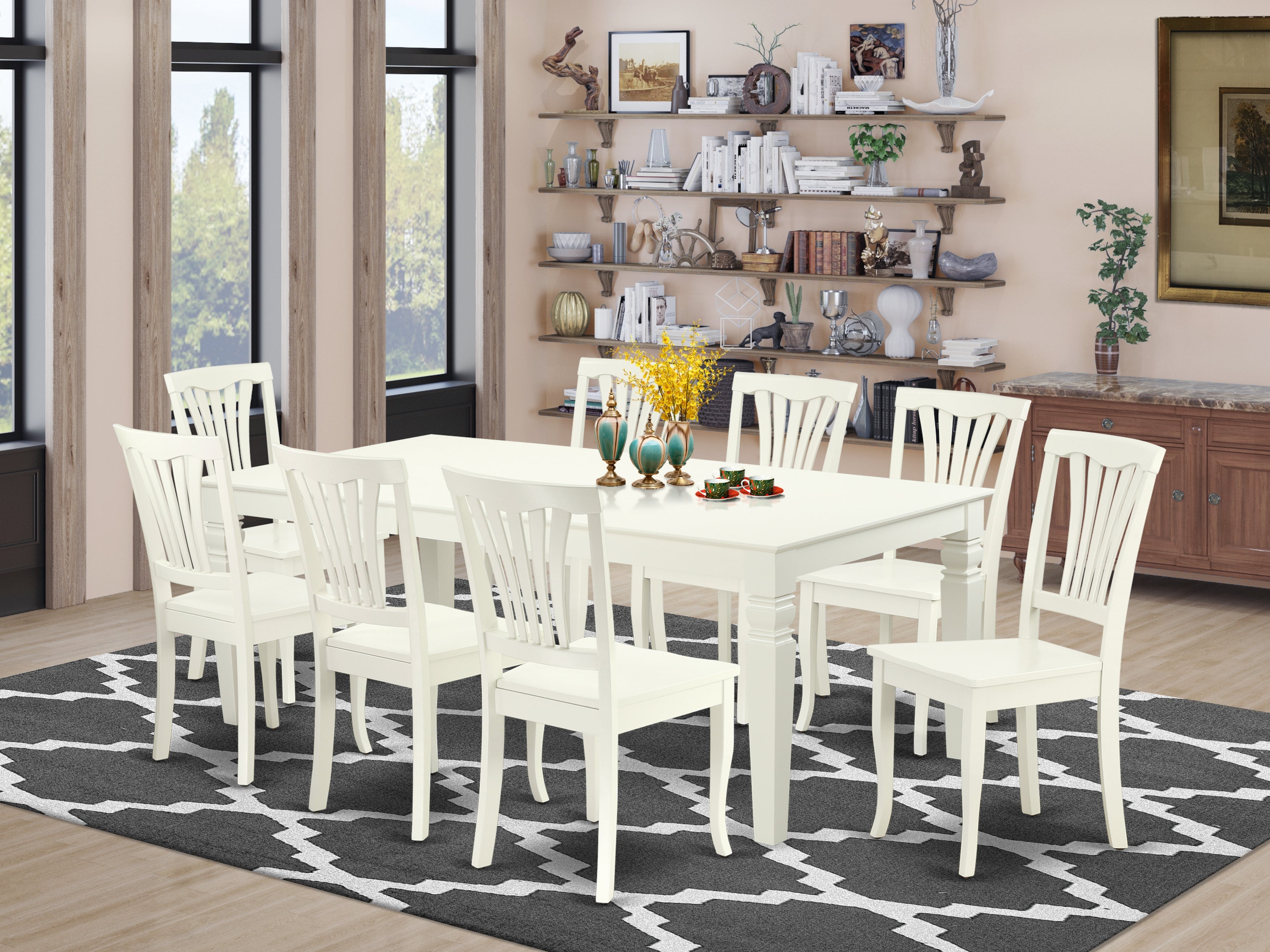 LGAV9-LWH-W 9PC Rectangular 66/84 inch Table with 18 In Leaf and 8 vertical slatted Chairs