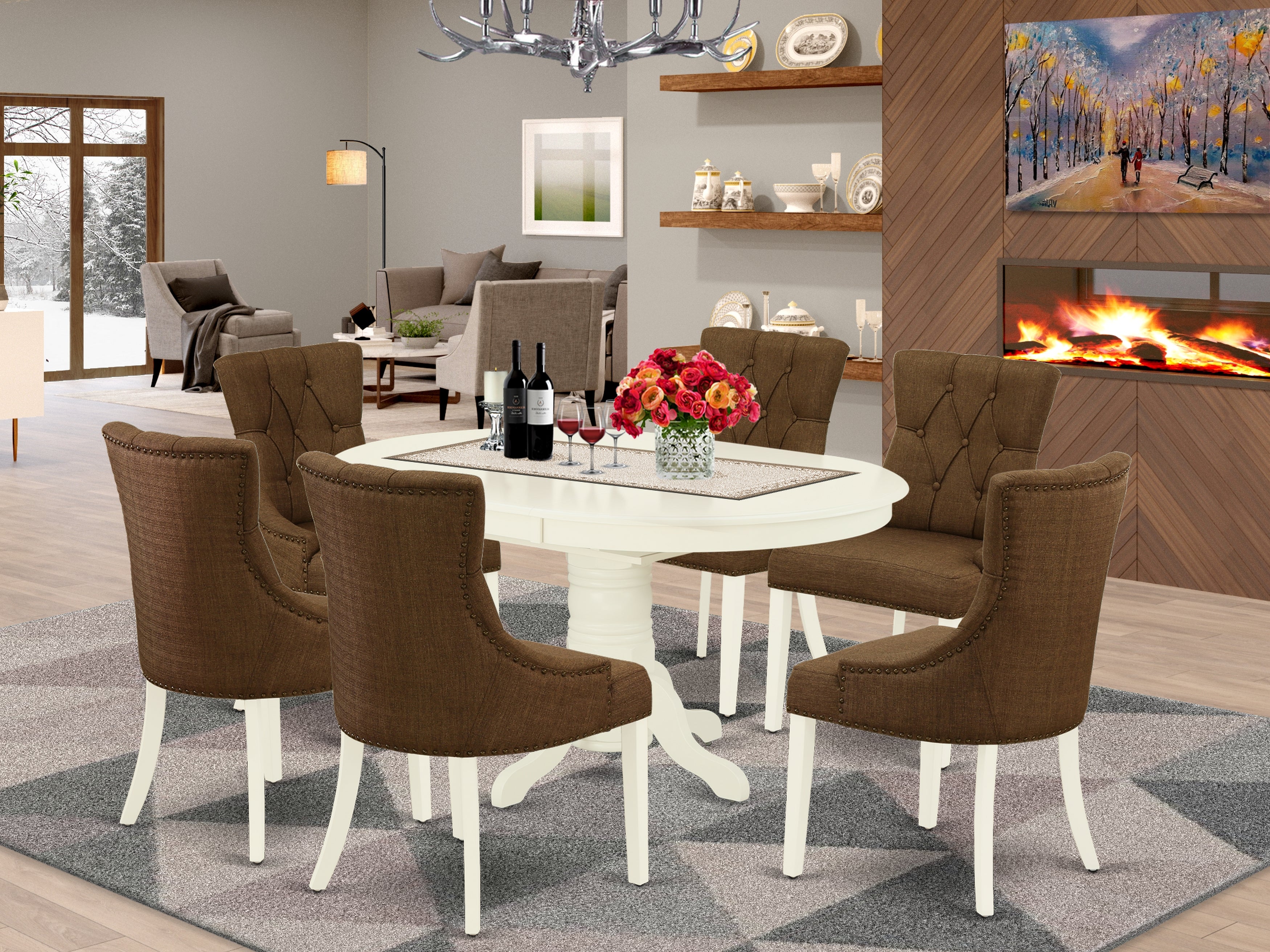 AVFR7-LWH-18 7Pc Dinette Set Includes an Oval Kitchen Table with Butterfly Leaf and Six Parson Chairs with Dark Coffee Fabric, Linen White Finish