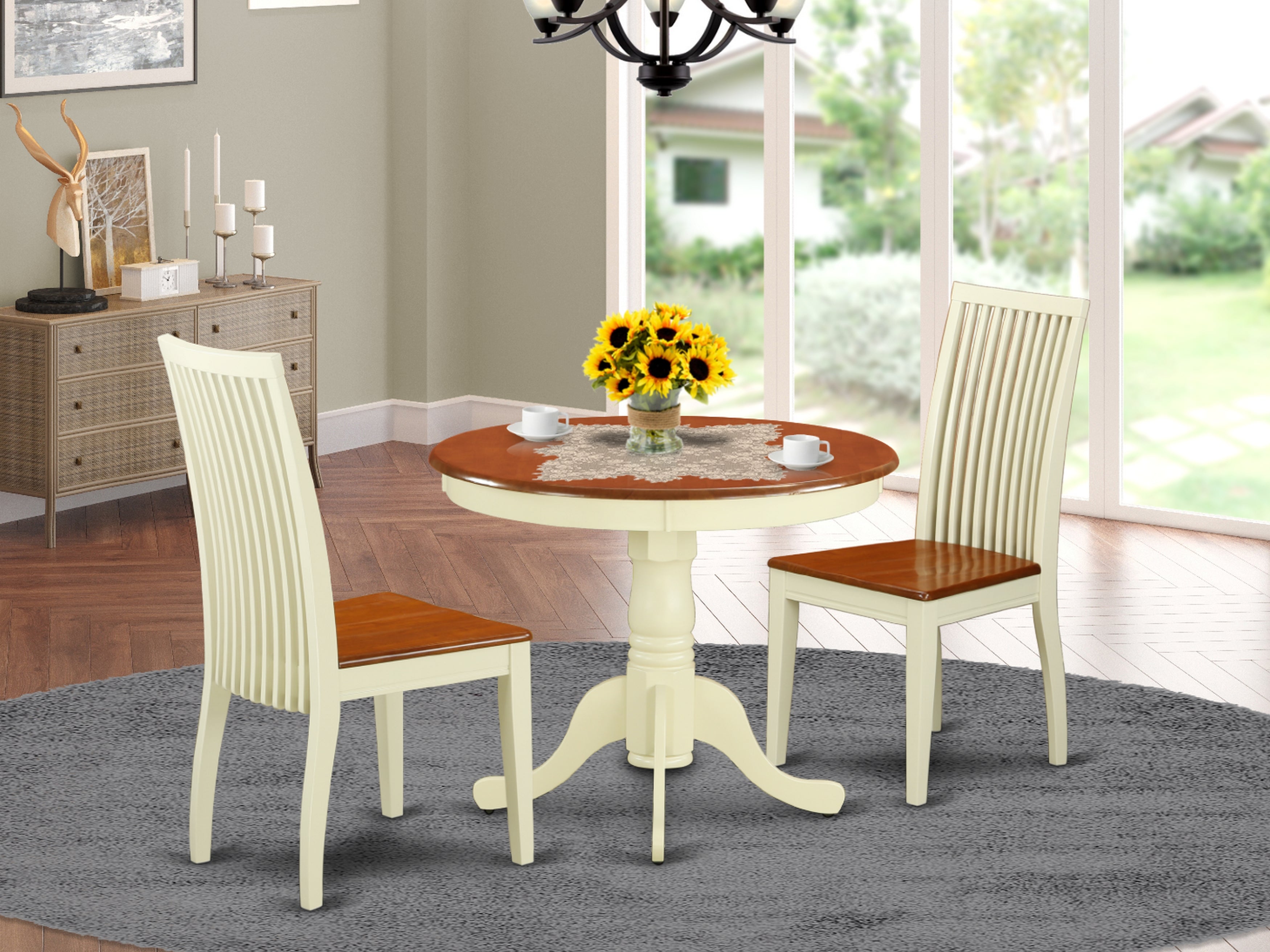 ANIP3-BMK-W 3 Pc Kitchen table set with a Kitchen Table and 2 Wood Seat Kitchen Chairs in Buttermilk and Cherry