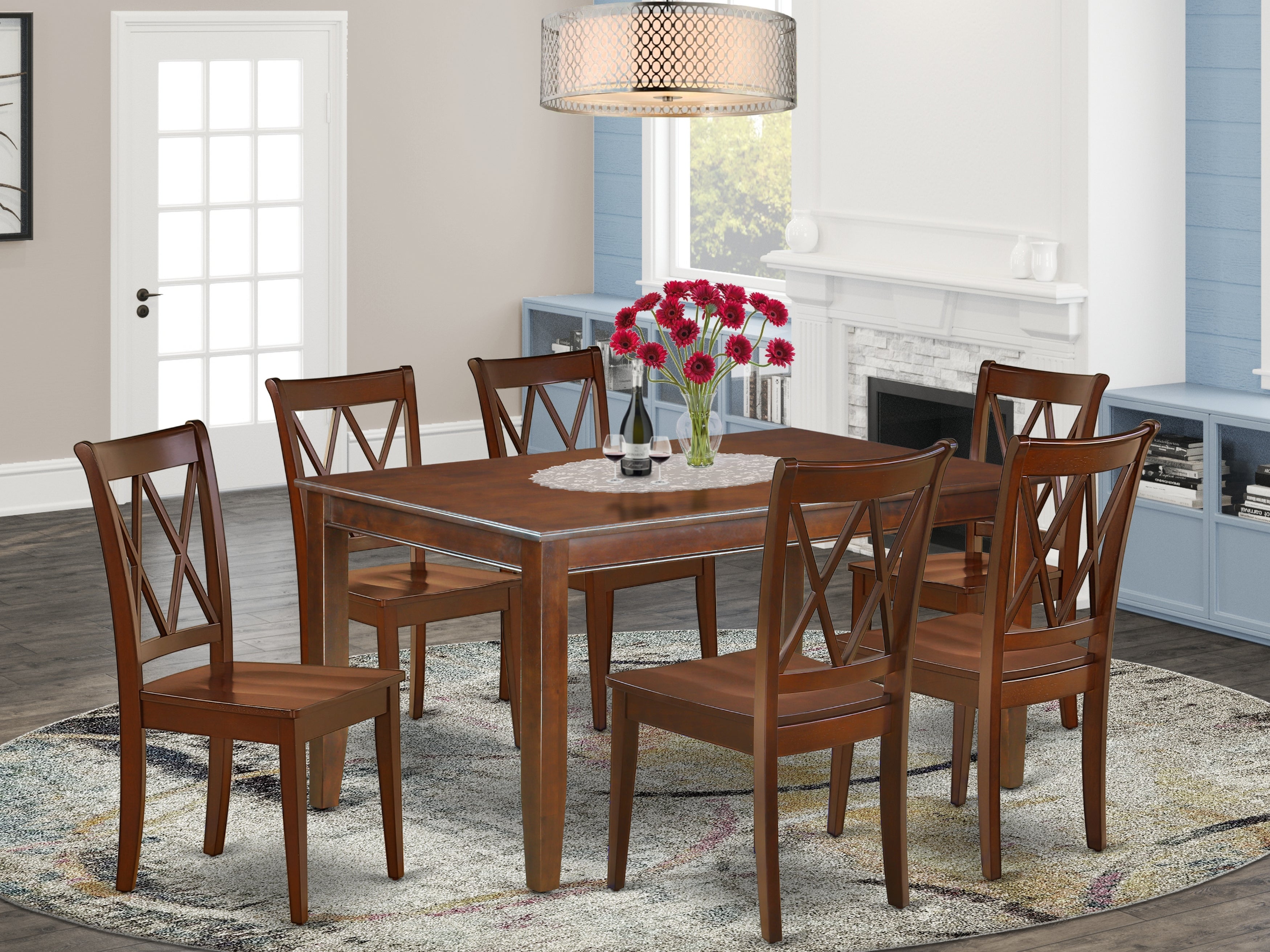 DUCL7-MAH-W 7PC Rectangular 60 inch Table and 6 Double X back Chairs