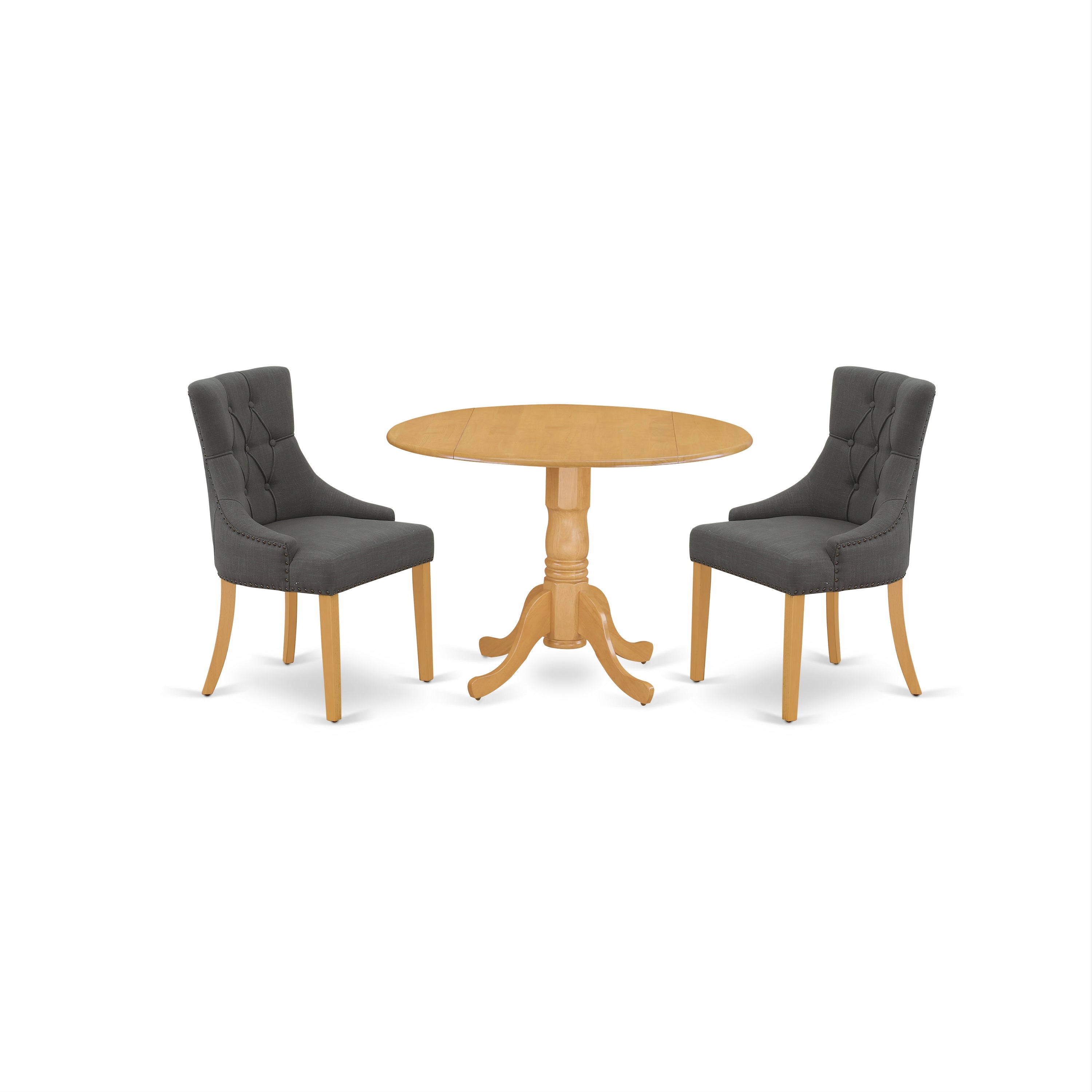 DLFR3-OAK-20 3Pc Dinette Set Includes a Rounded Kitchen Table with Drop Leaves and Two Parson Chairs with Dark Gotham Grey Fabric, Oak Finish