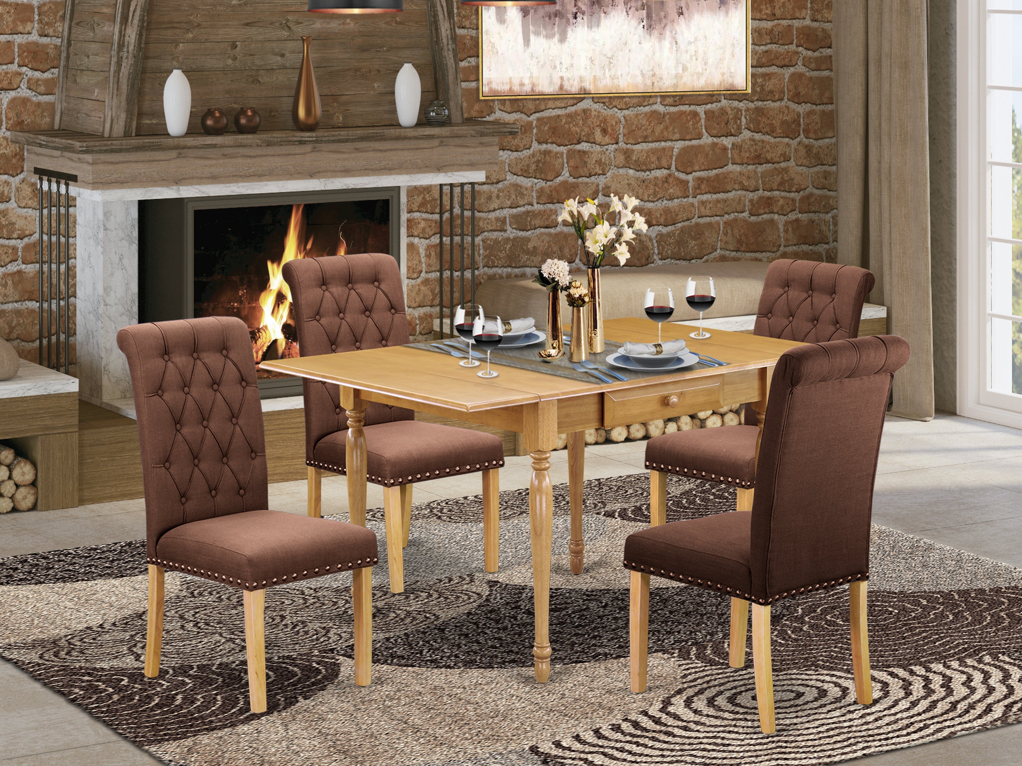 East West Furniture MZBR5-OAK-19 5Pc Wood Dining Table Set Offers a Dining Room Table and 4 Parsons Chairs with Chocolate Color Linen Fabric, Drop Leaf Table with Full Back Chairs, Oak Finish