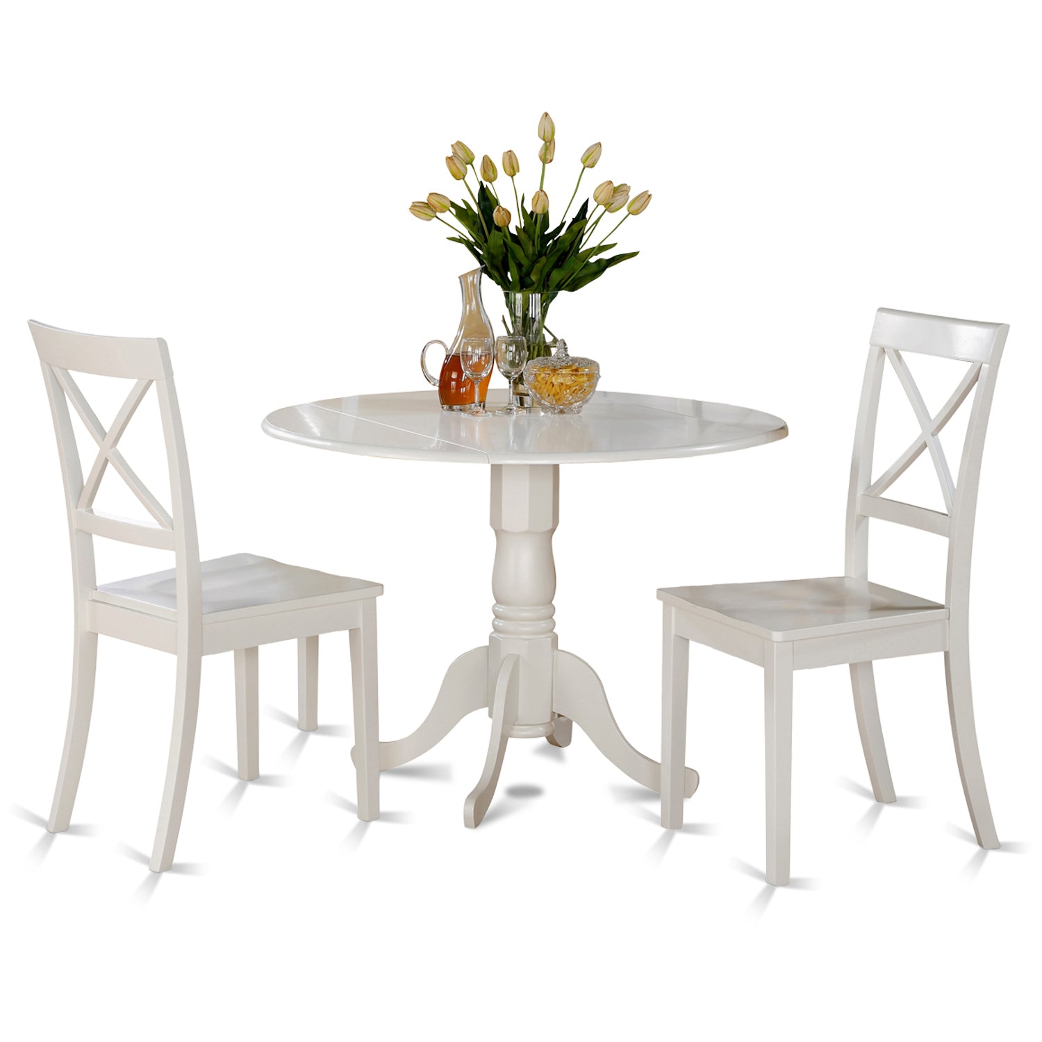 3 PC Dining Dinnette 42" Dropleaf Table and 2 Cross Back Chairs Set in White