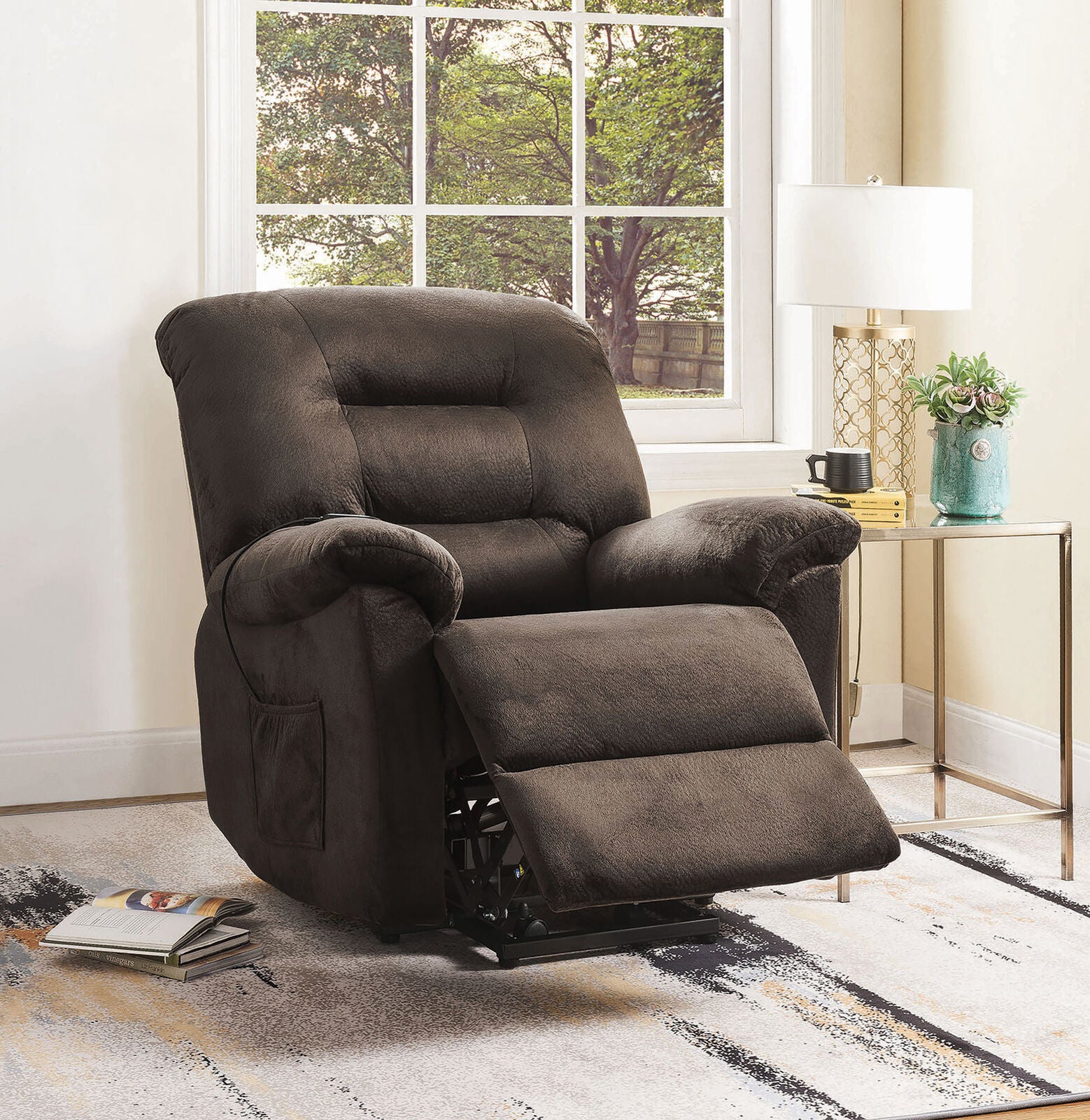 Coaster Velvet Upholstered Power Lift Recliner Chocolate 601026