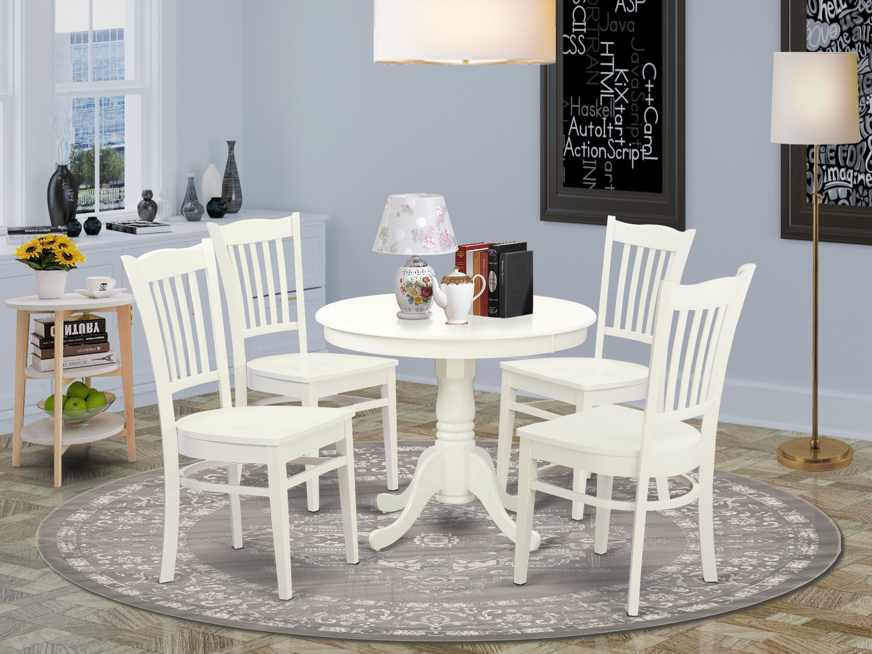 ANGR5-LWH-W 5 Pc set with a Kitchen Table and 4 Wood Kitchen Chairs in Linen White.