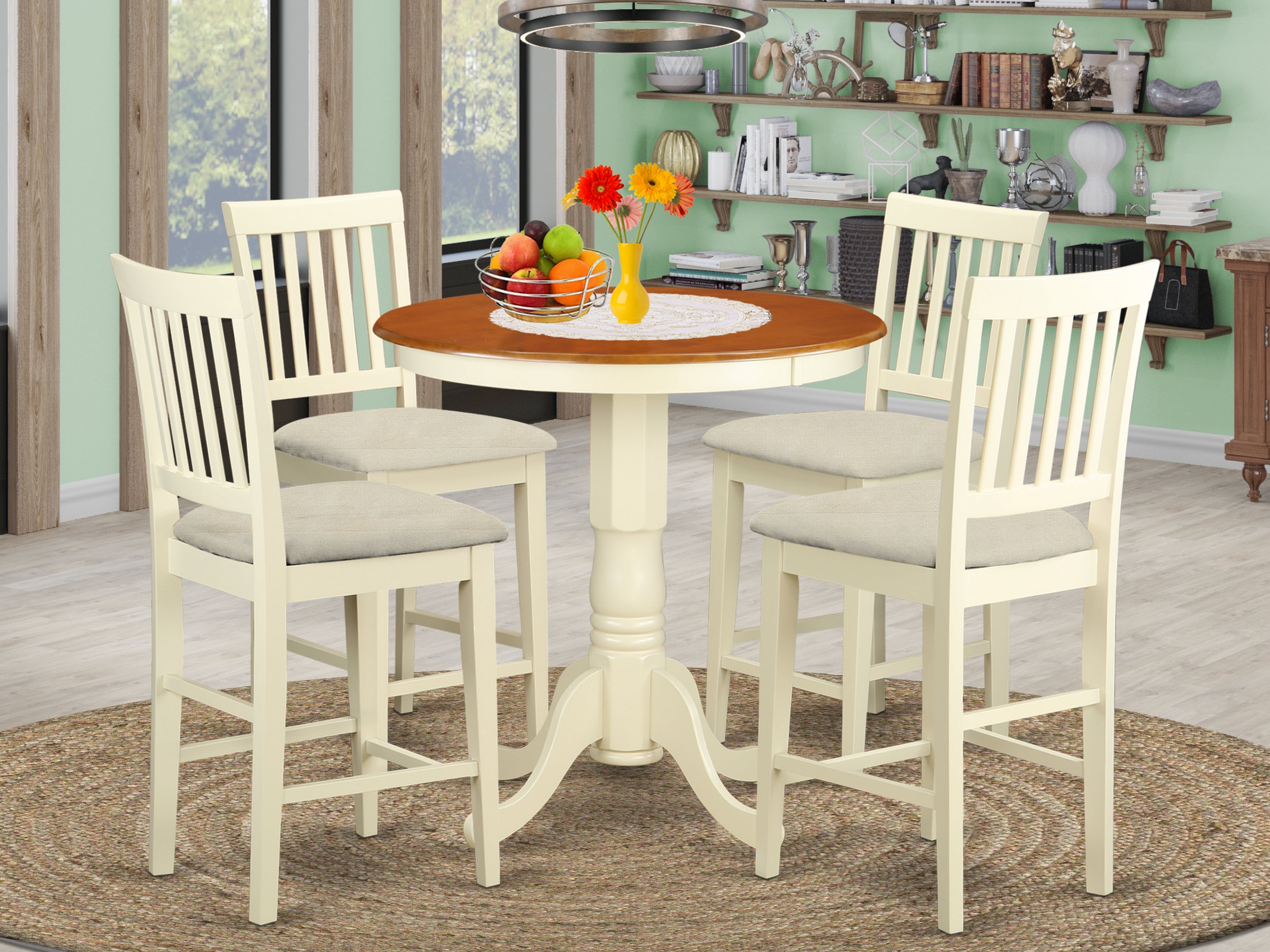 EDVN5-WHI-C 5 PC pub Table set - Kitchen dinette Table and 4 bar stools with backs.